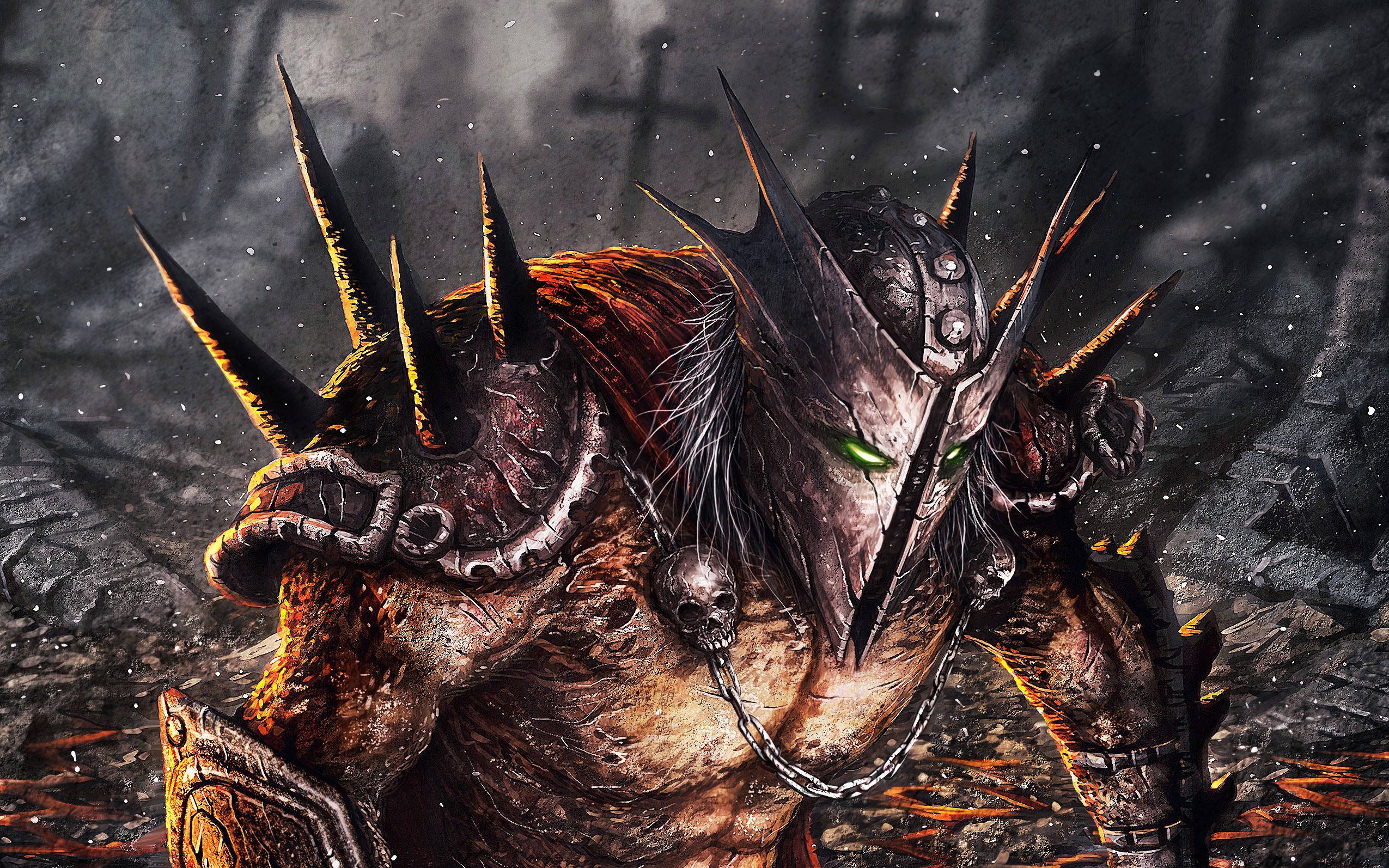 Warrior in spiked armor with glowing green eyes HD Wallpaper
