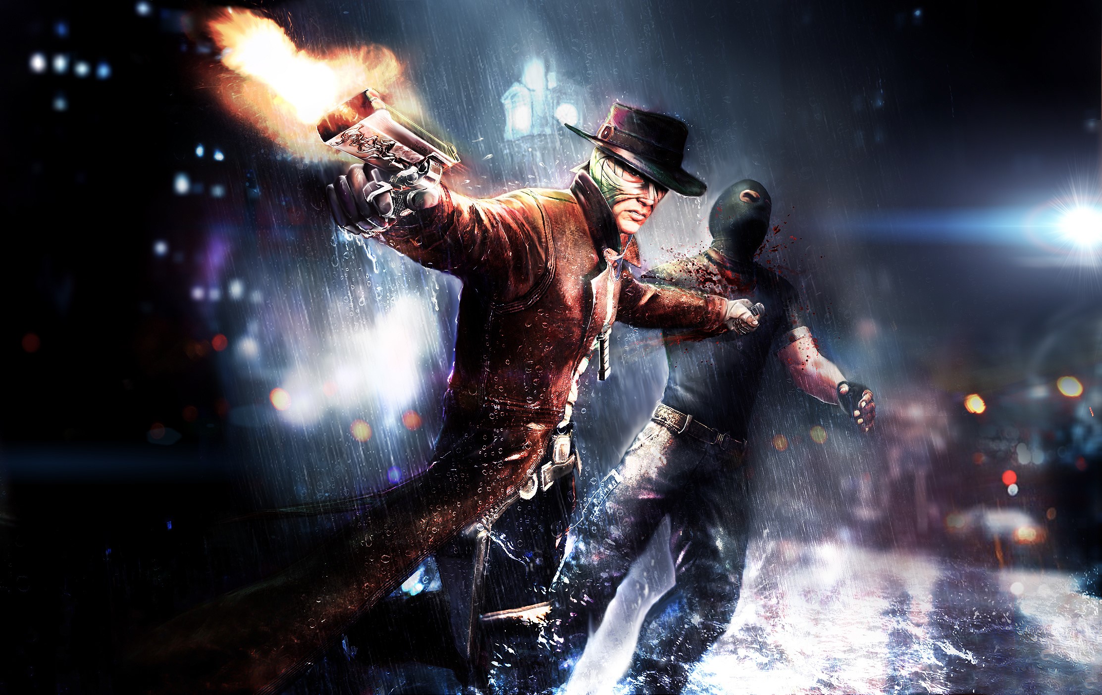 Man in hat firing pistol at masked man in rain HD Wallpaper