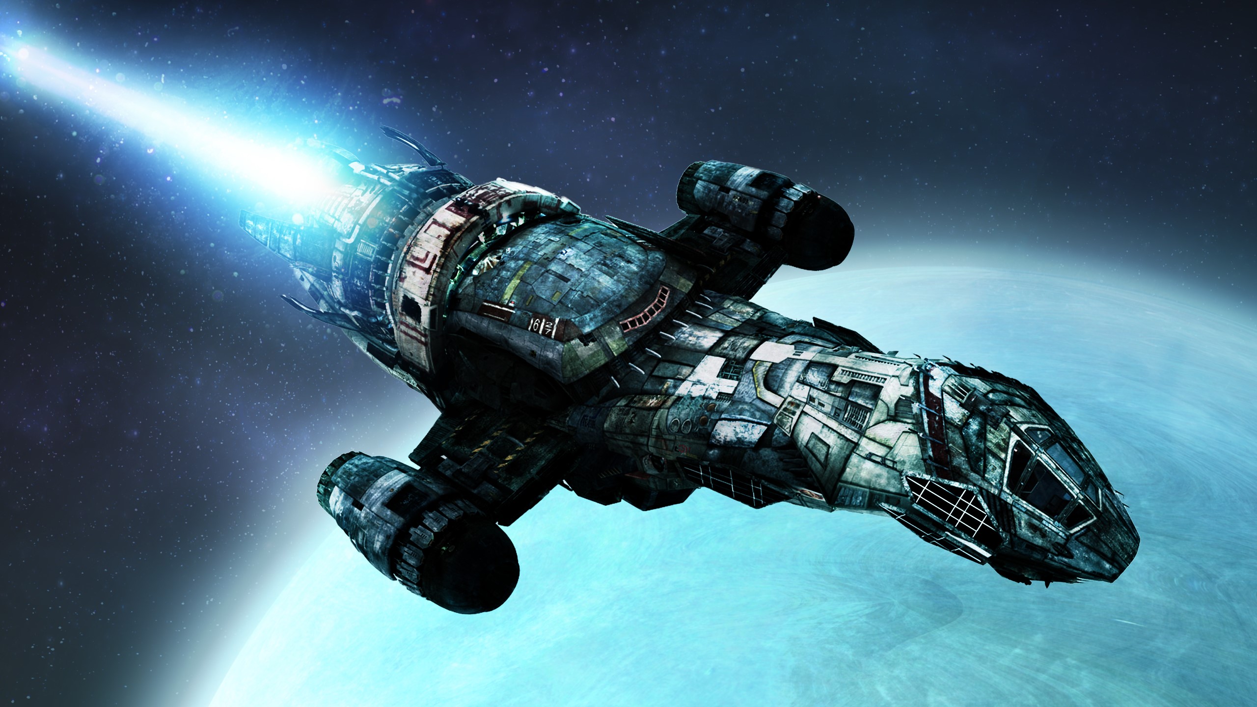 Starship firing a blue beam in space HD Wallpaper