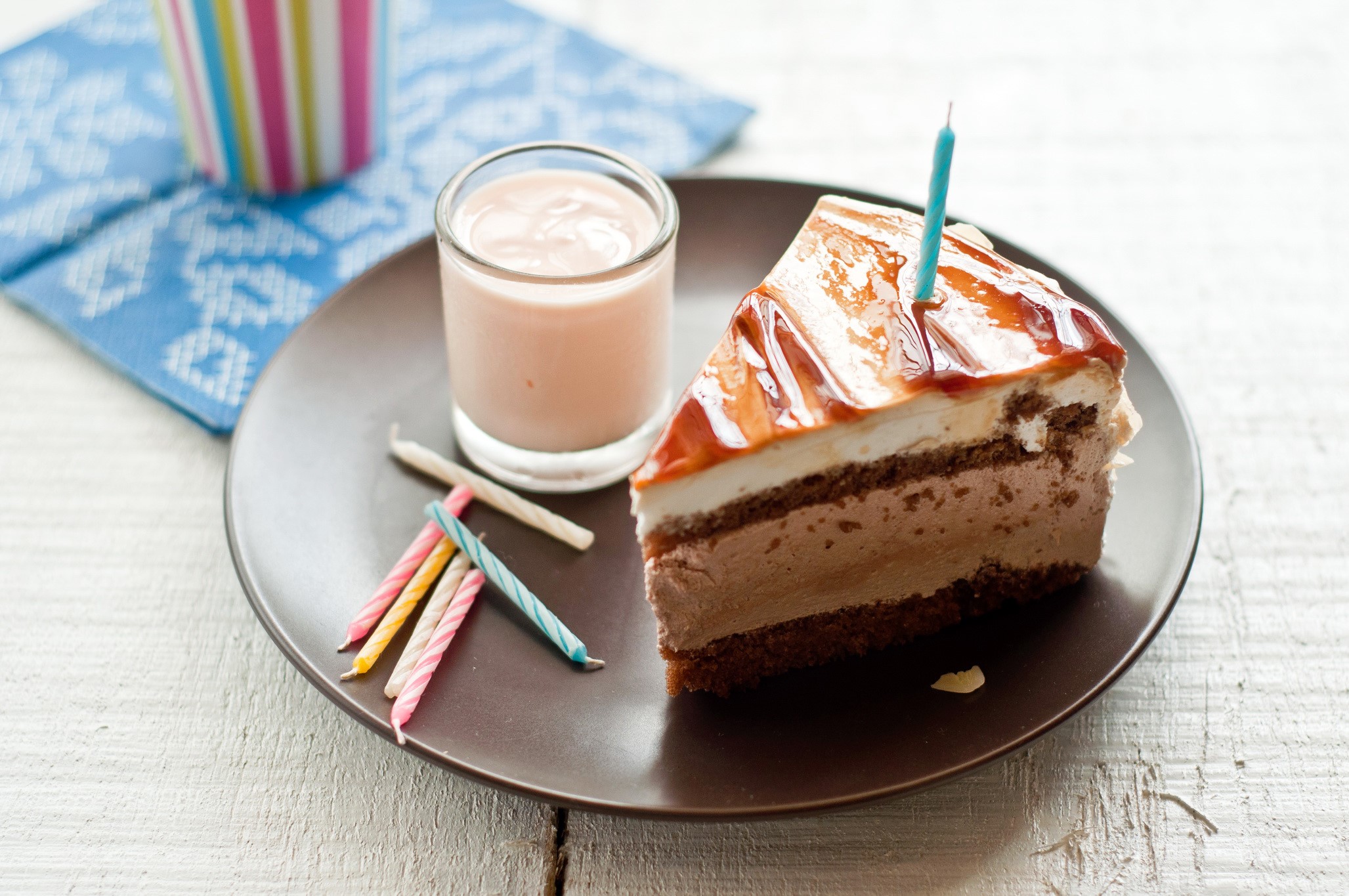 Slice of chocolate cake with candles and drink HD Wallpaper