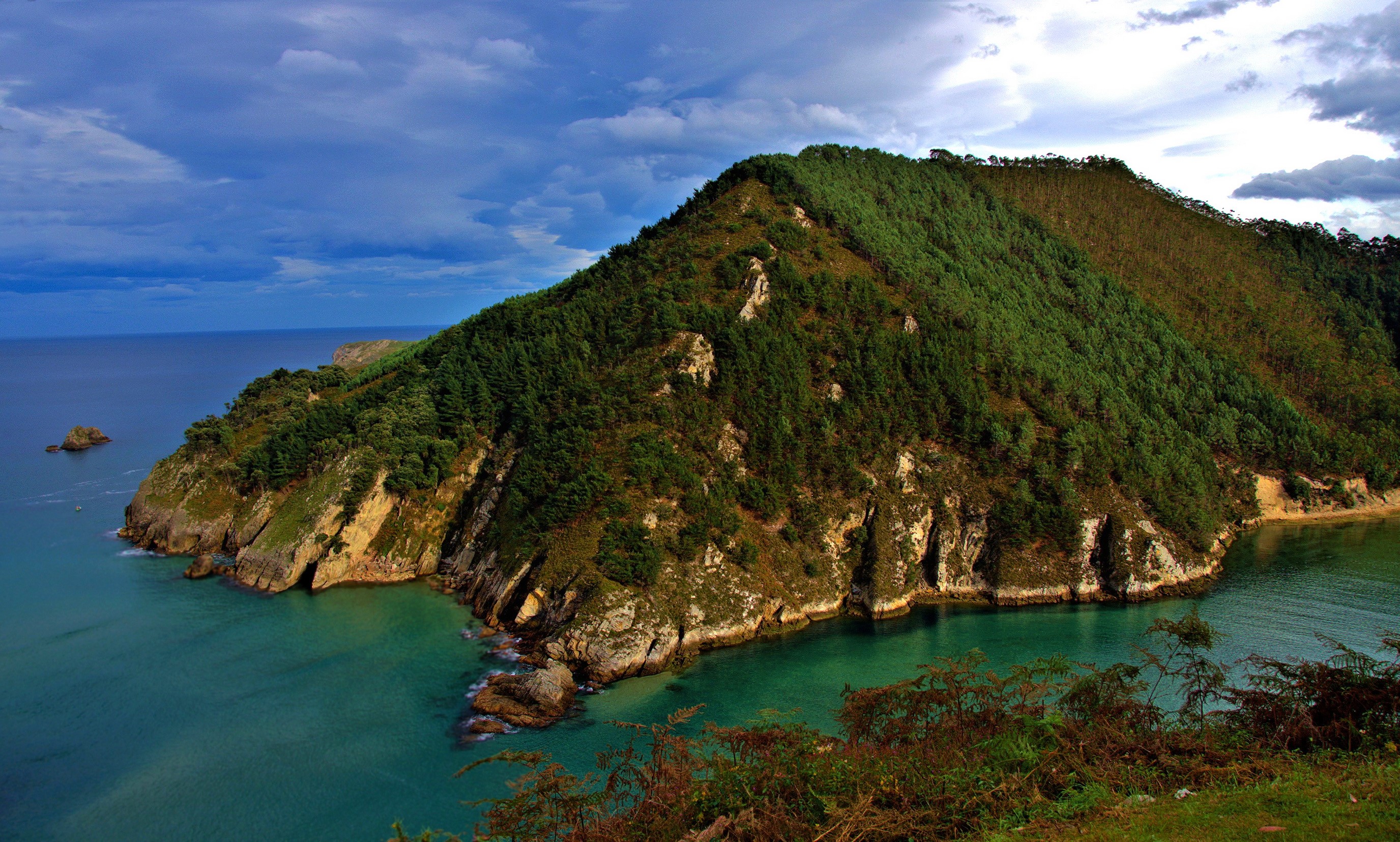 Green forested mountain meets turquoise sea in Cantabria, Spain HD Wallpaper