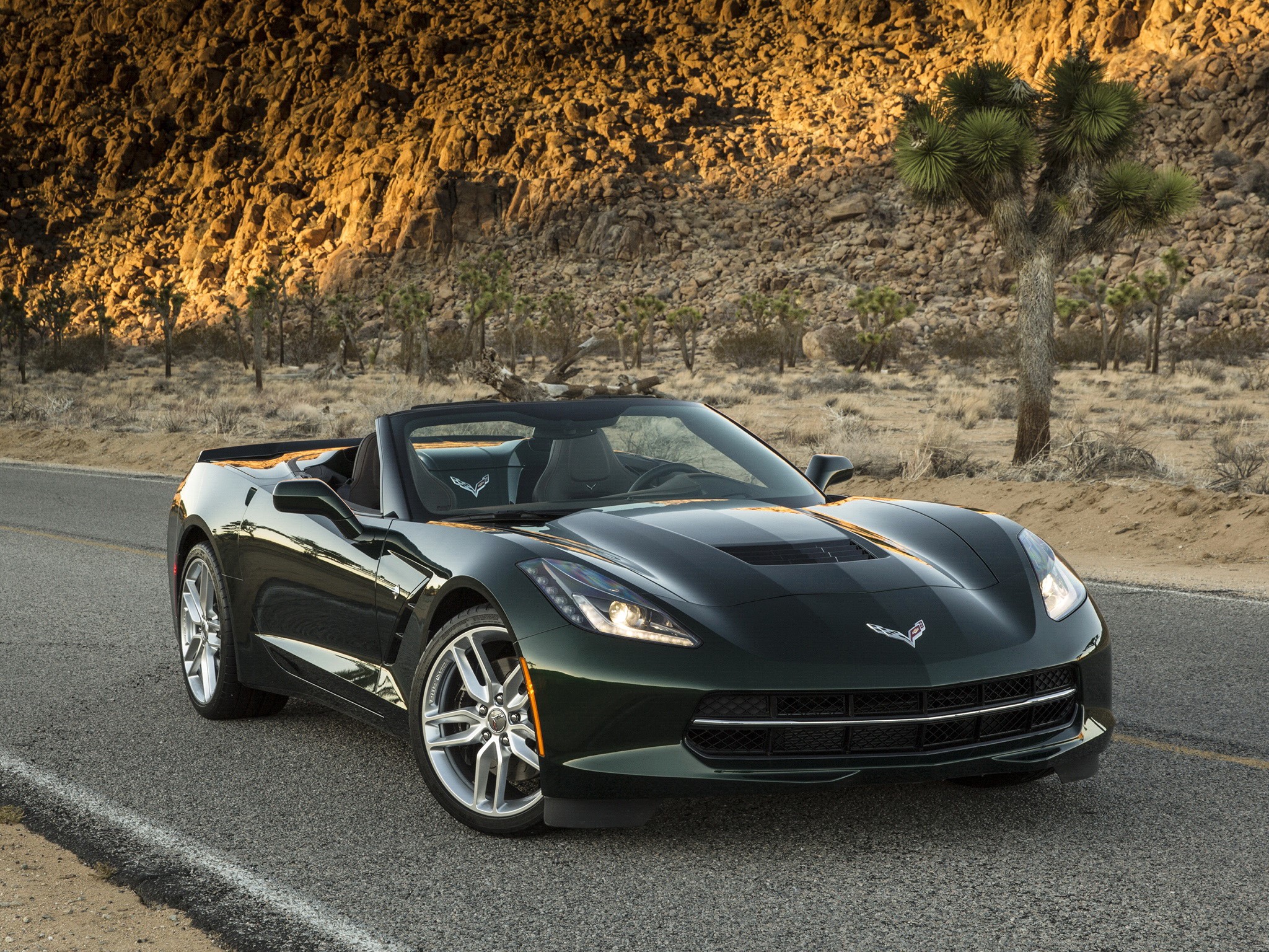 Green Chevrolet Corvette Convertible on a Desert Road HD Wallpaper