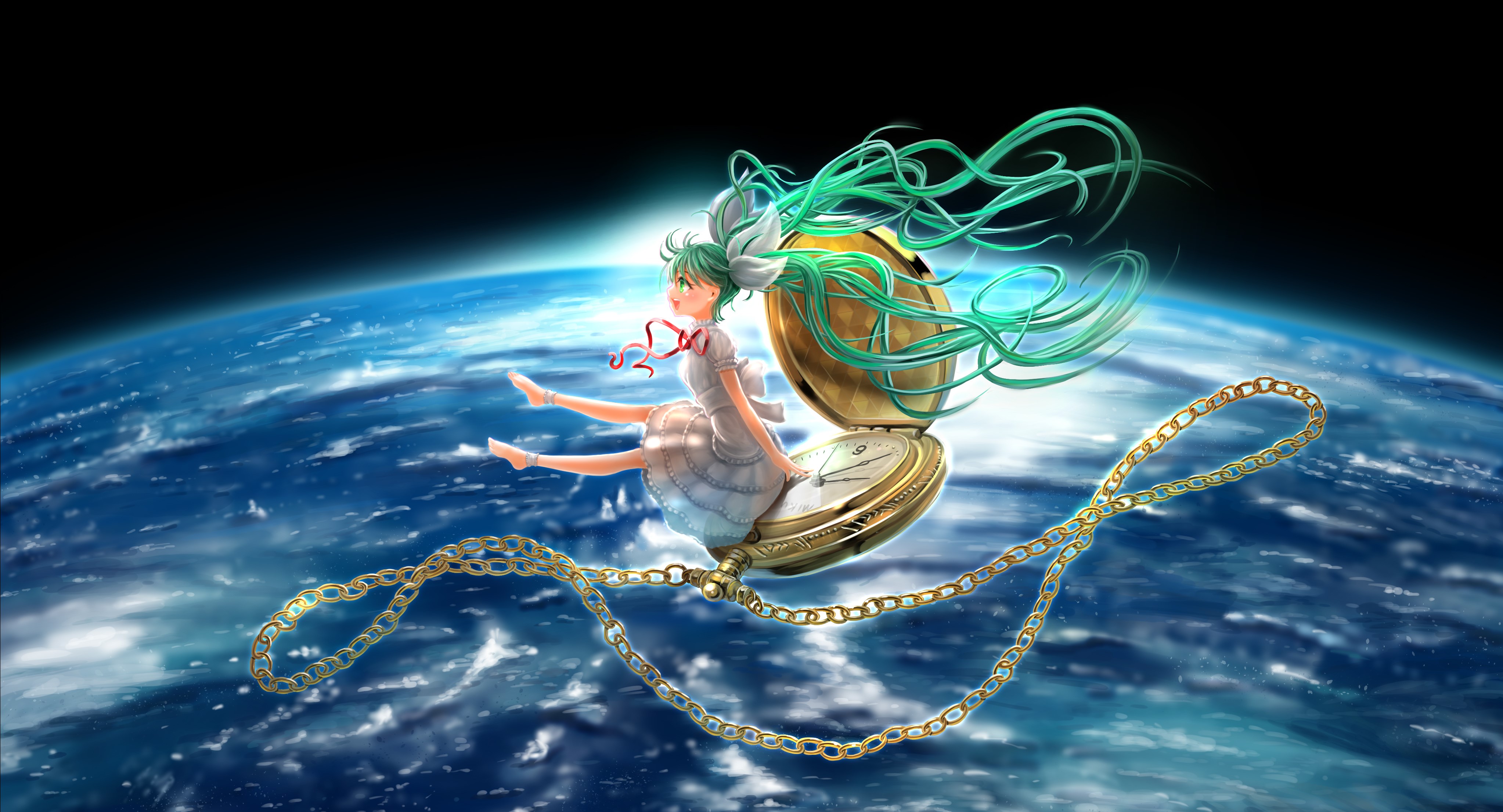 Vocaloid girl on a pocket watch over Earth HD Wallpaper