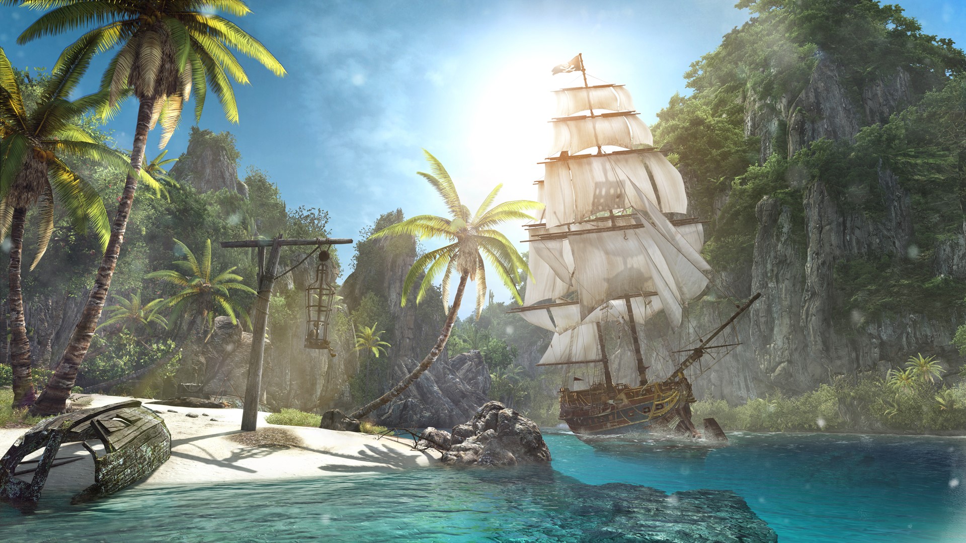 Pirate ship sailing near a tropical island with palm trees HD Wallpaper