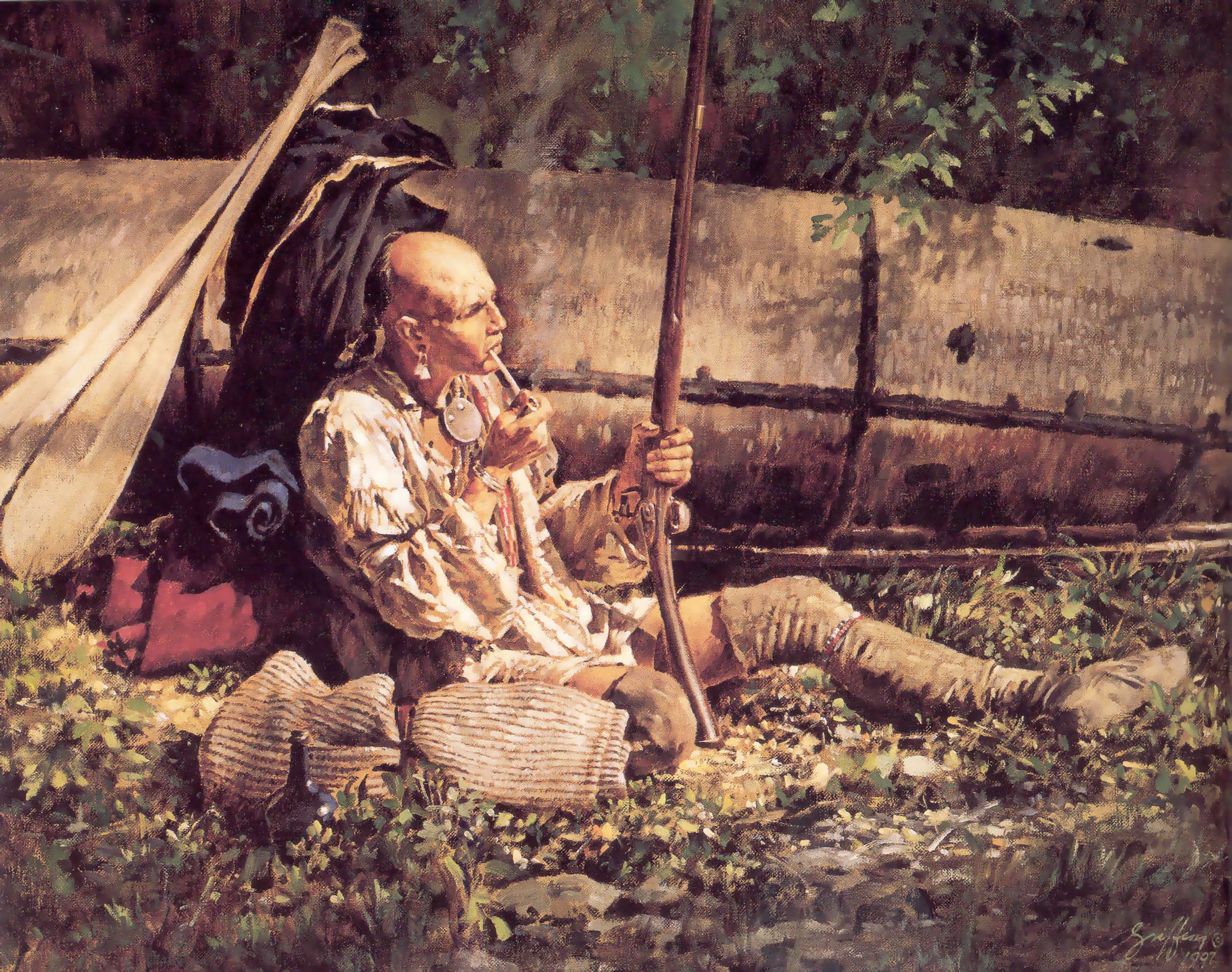 Native American man with rifle and pipe HD Wallpaper