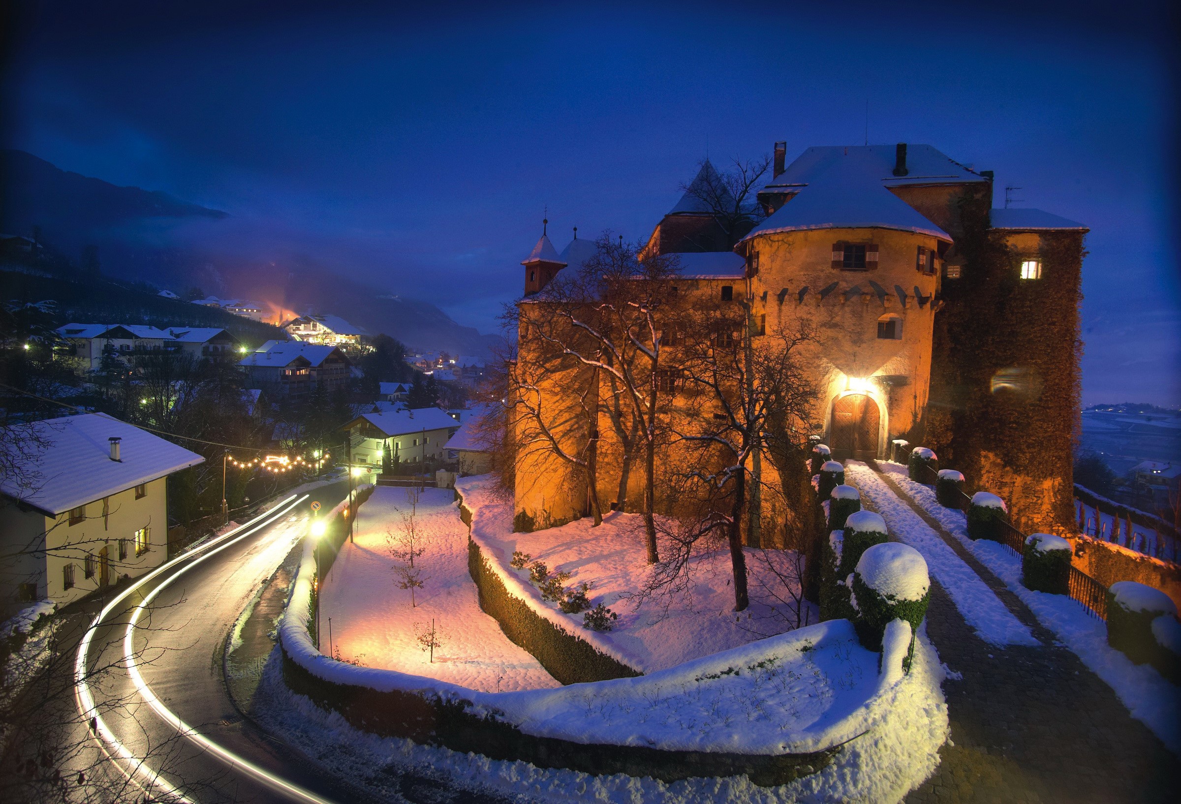 Castle in Schenna, Italy during winter at night HD Wallpaper