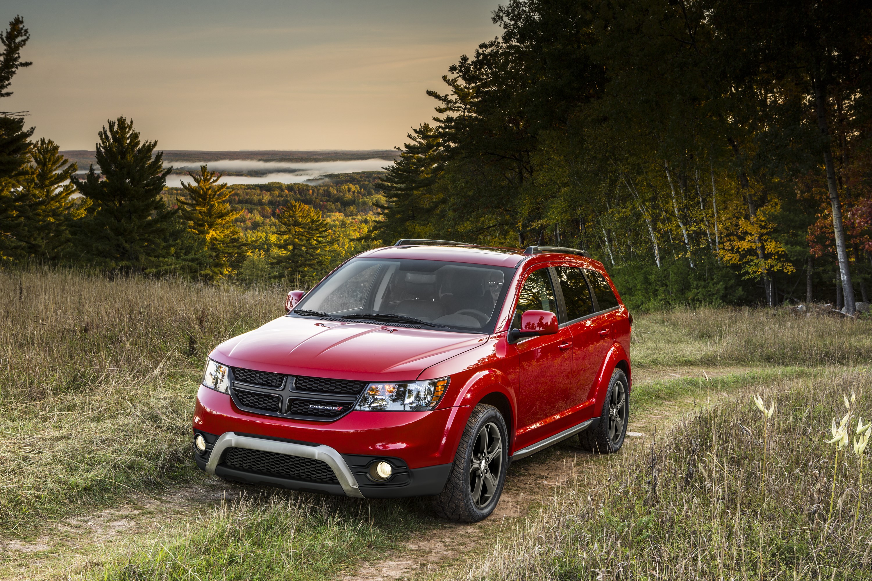 Red 2014 Dodge Journey Crossroad on a dirt trail HD Wallpaper