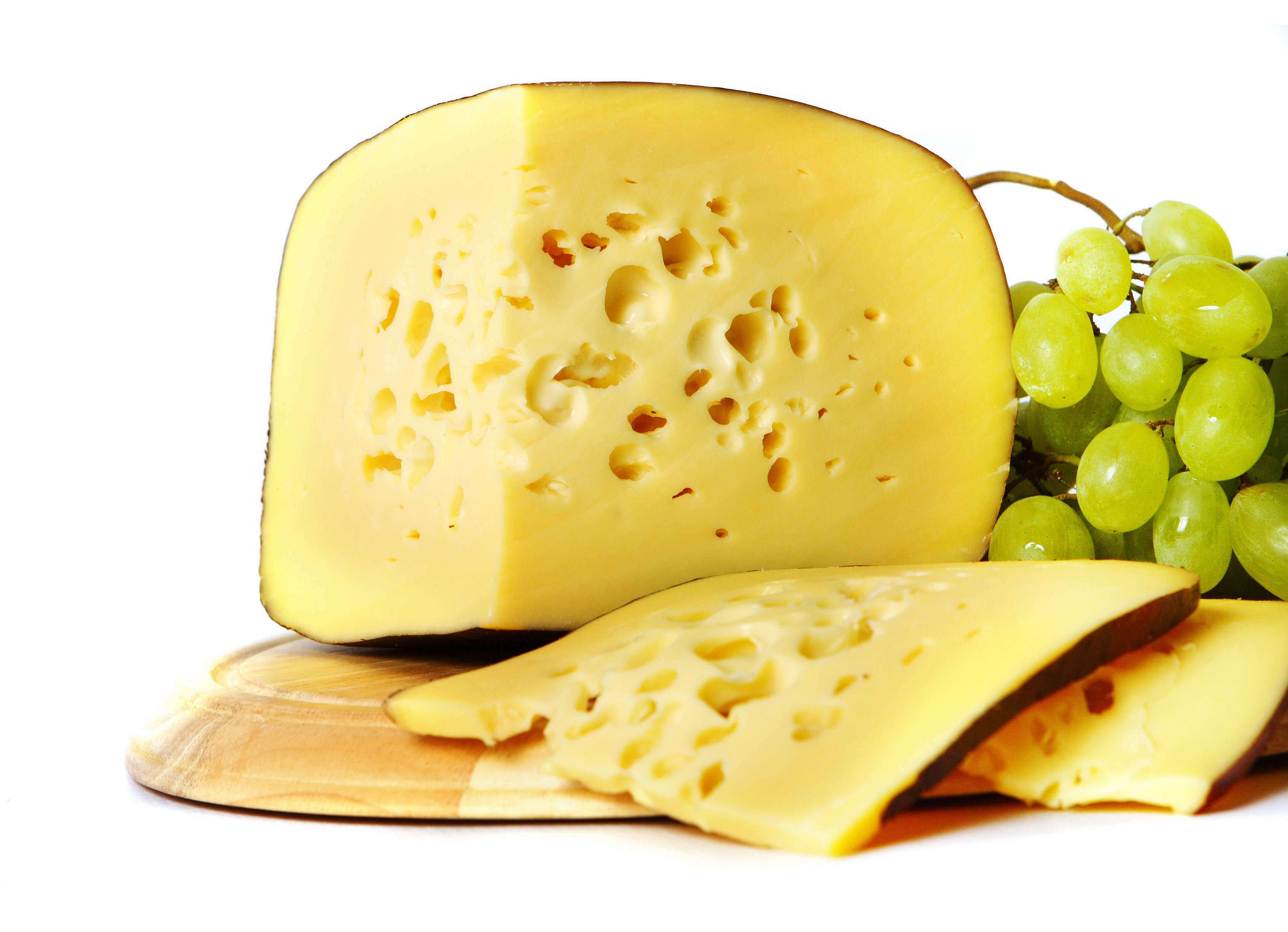 Cheese and Grapes on a Wooden Board HD Wallpaper