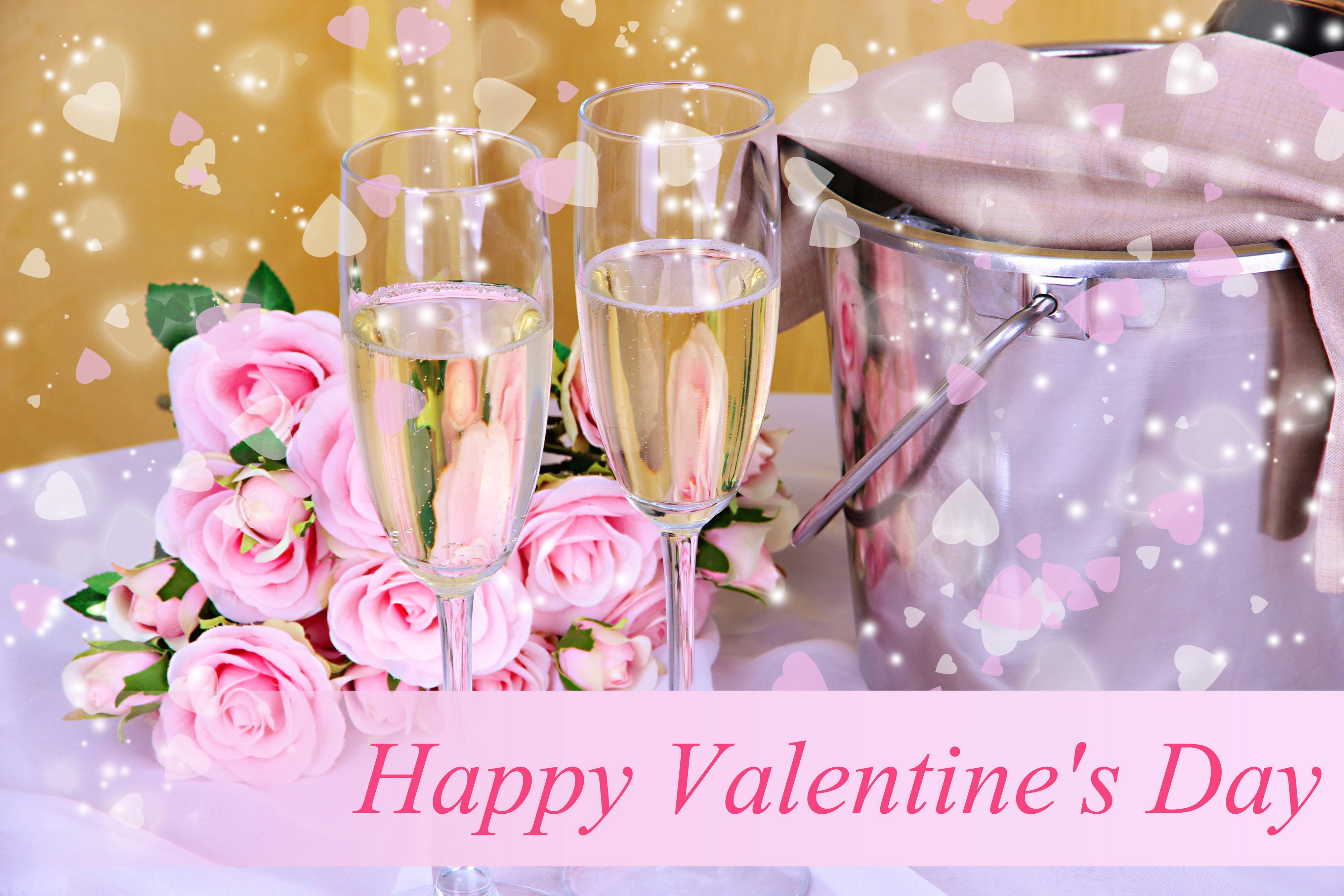 Champagne glasses with roses and ice bucket HD Wallpaper
