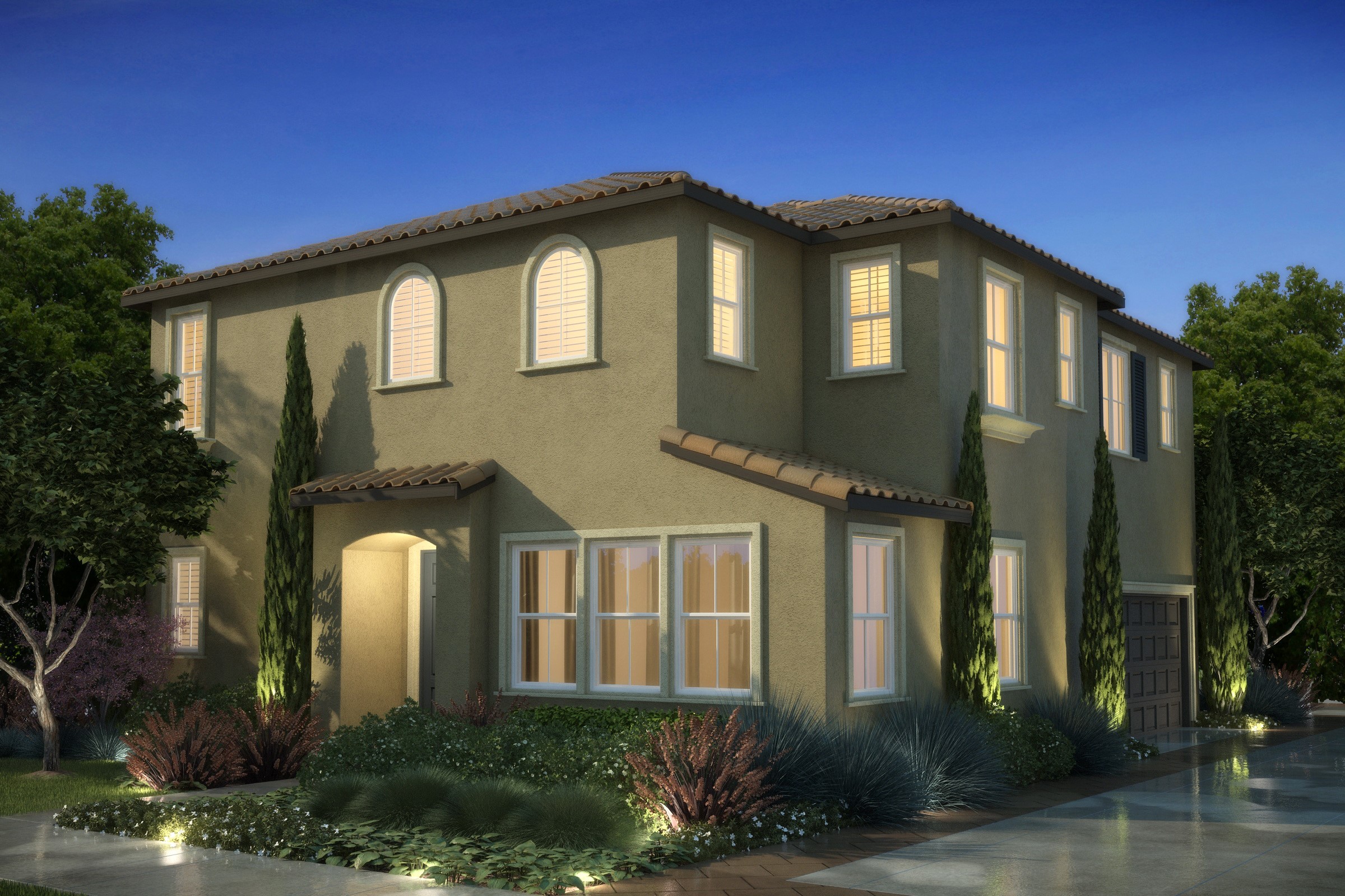 Two-story house with arched windows at night HD Wallpaper