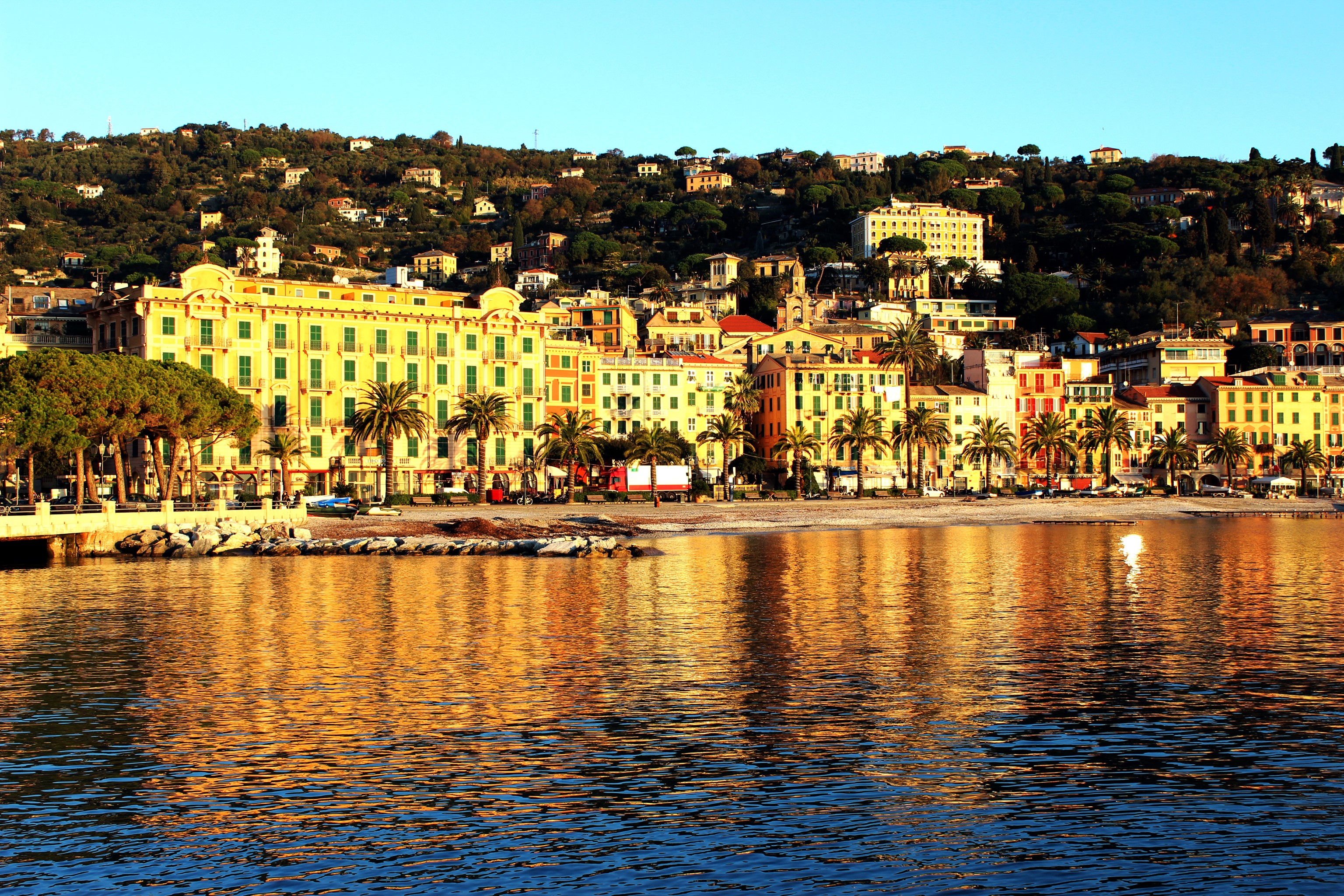 Santa Margherita Ligure waterfront with colorful buildings and sea HD Wallpaper