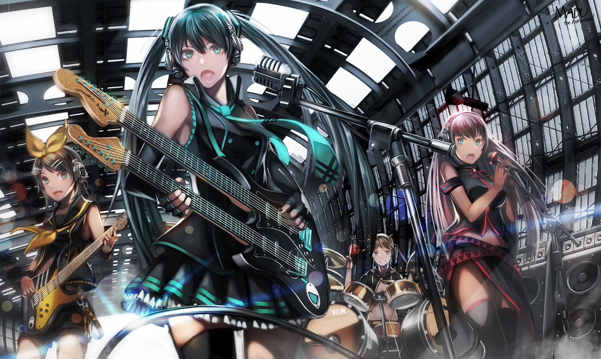 Vocaloid band performing with guitars and drums HD Wallpaper