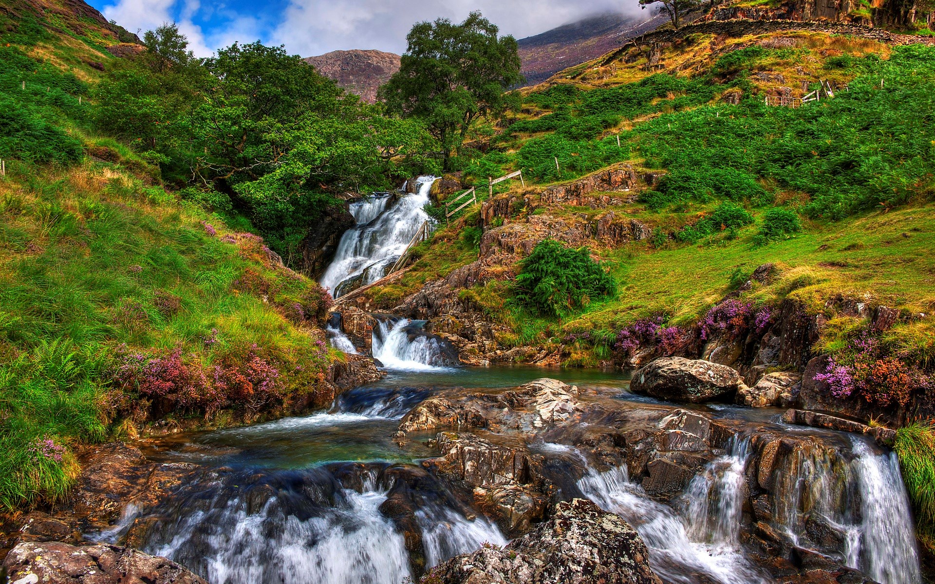 Waterfall cascading down a rocky, green hillside HD Wallpaper