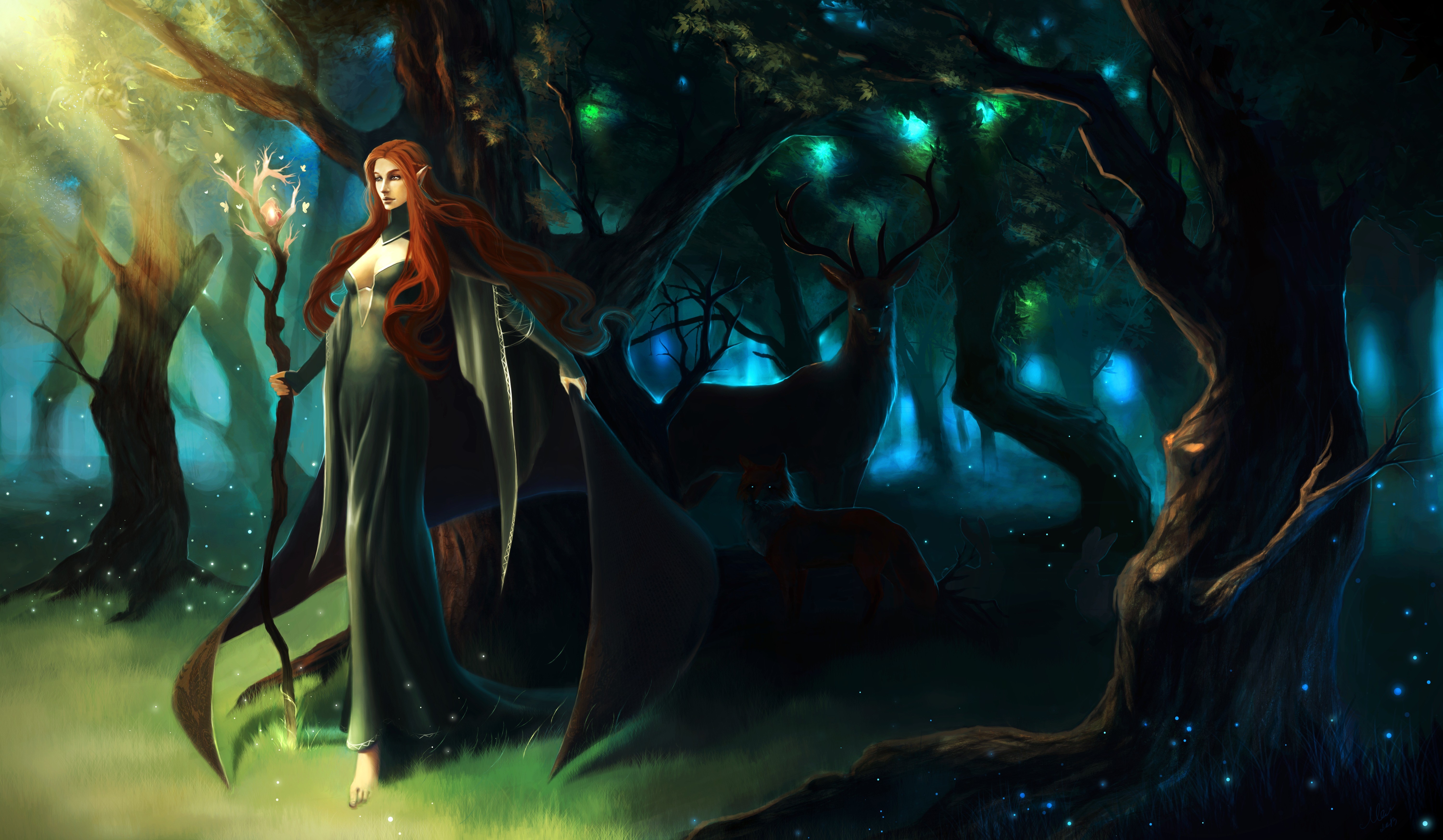 Elf with staff in magical forest with deer HD Wallpaper