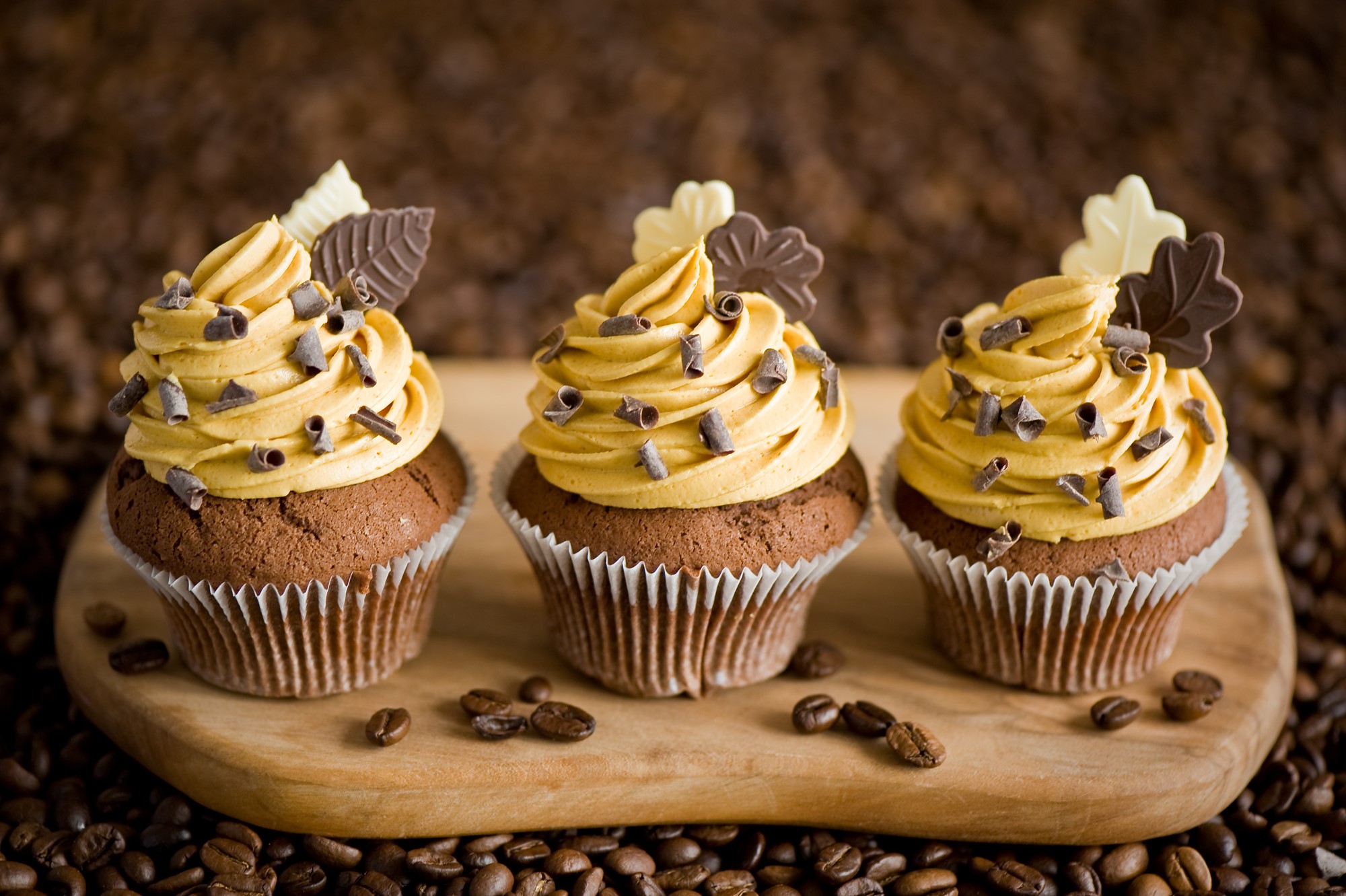 Three coffee cupcakes with chocolate decorations HD Wallpaper