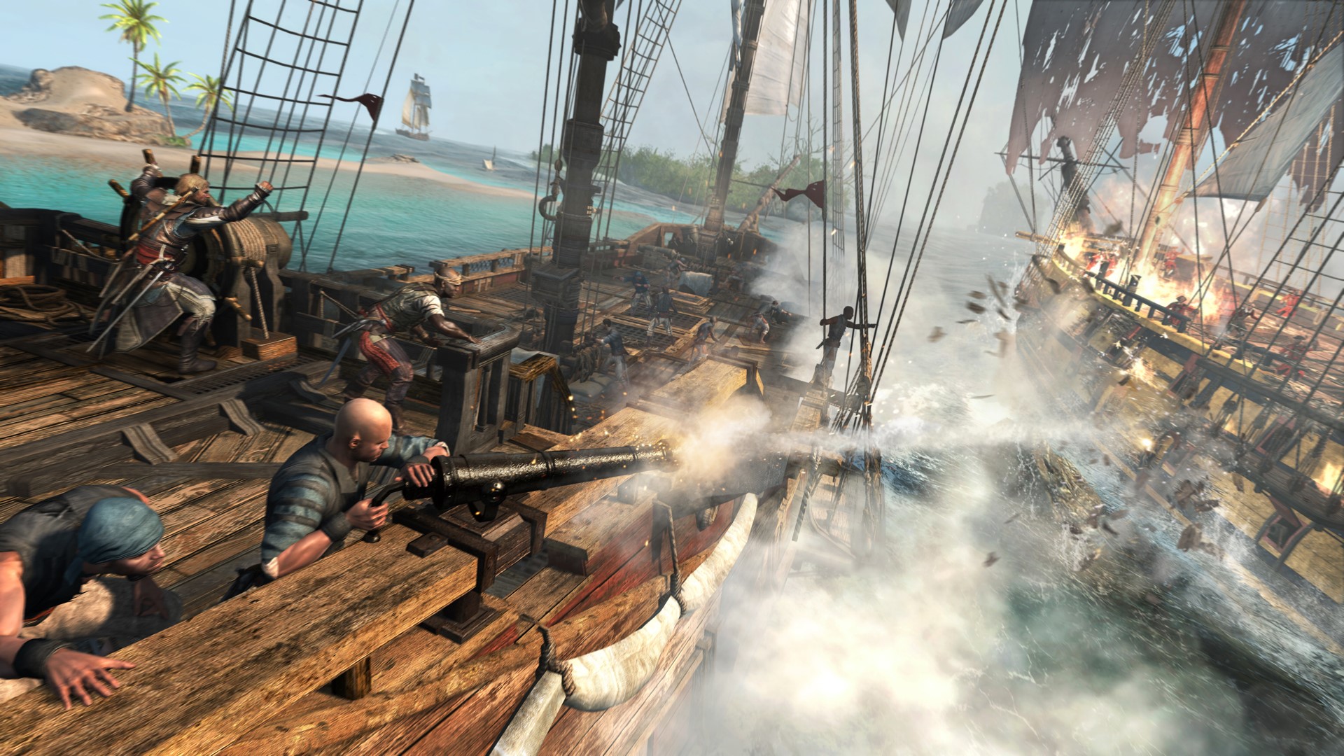 Pirates firing cannons from ships during a naval battle HD Wallpaper