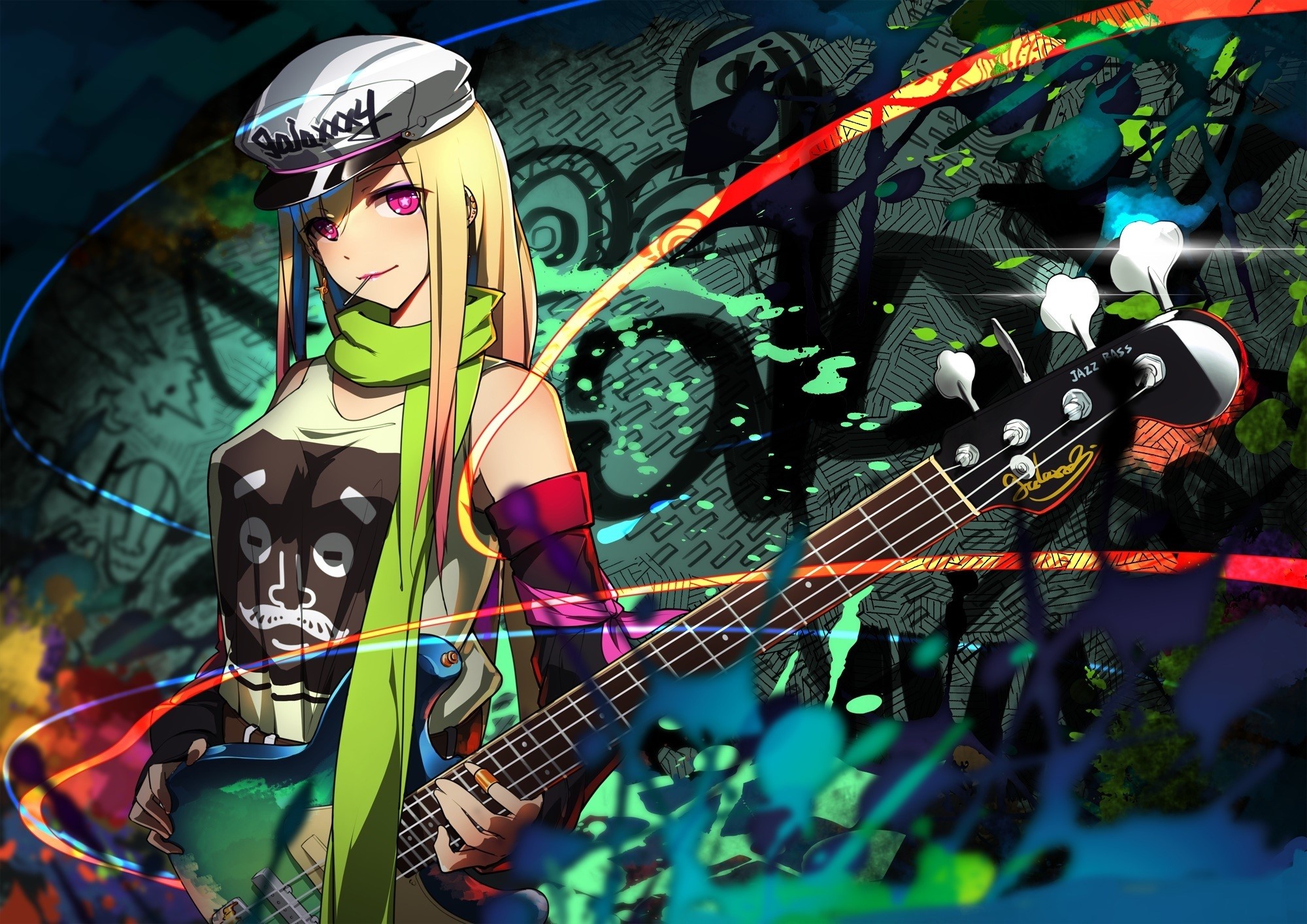 Anime girl with bass guitar HD Wallpaper