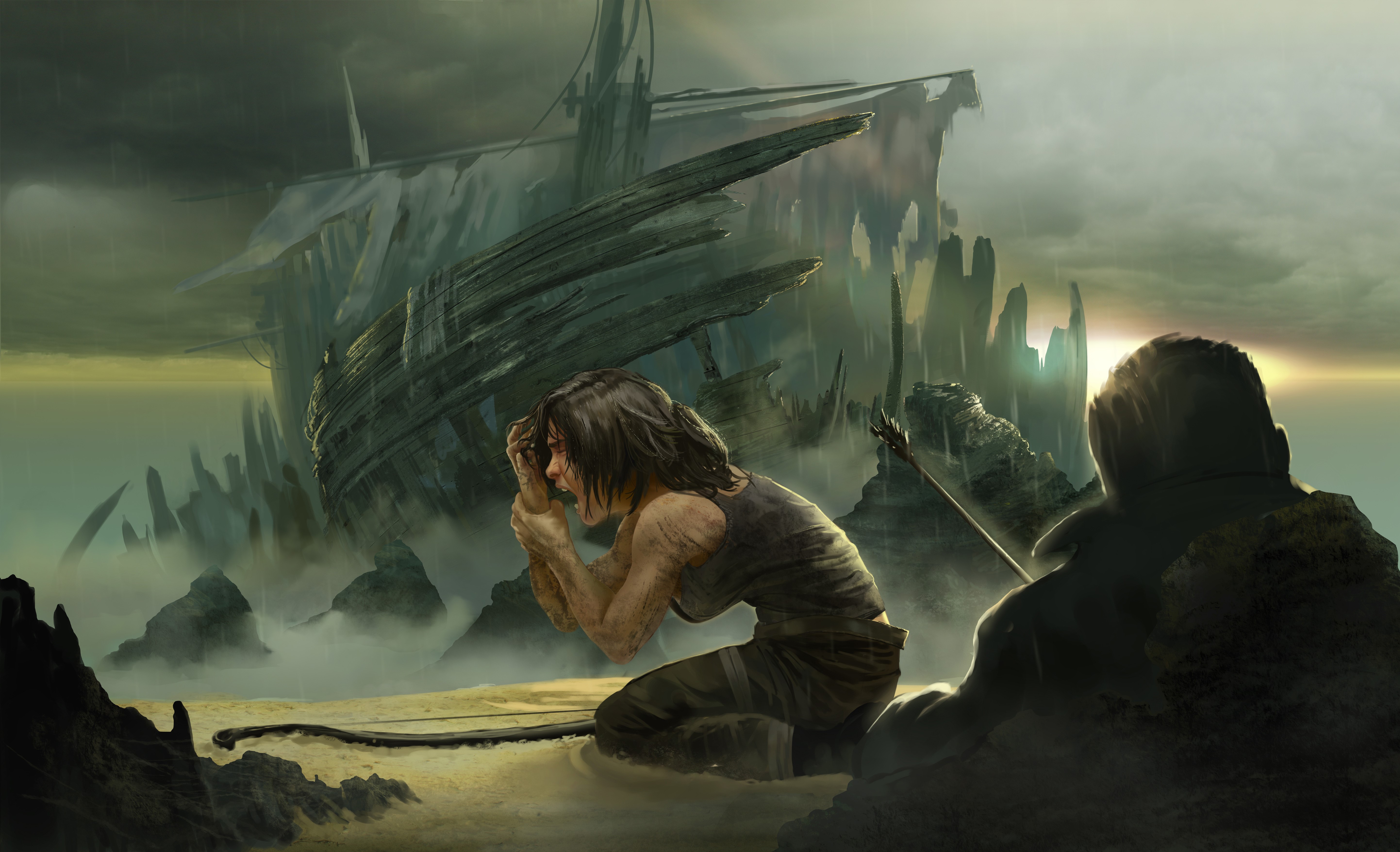 Lara Croft from Tomb Raider 2013 on a beach with shipwreck HD Wallpaper