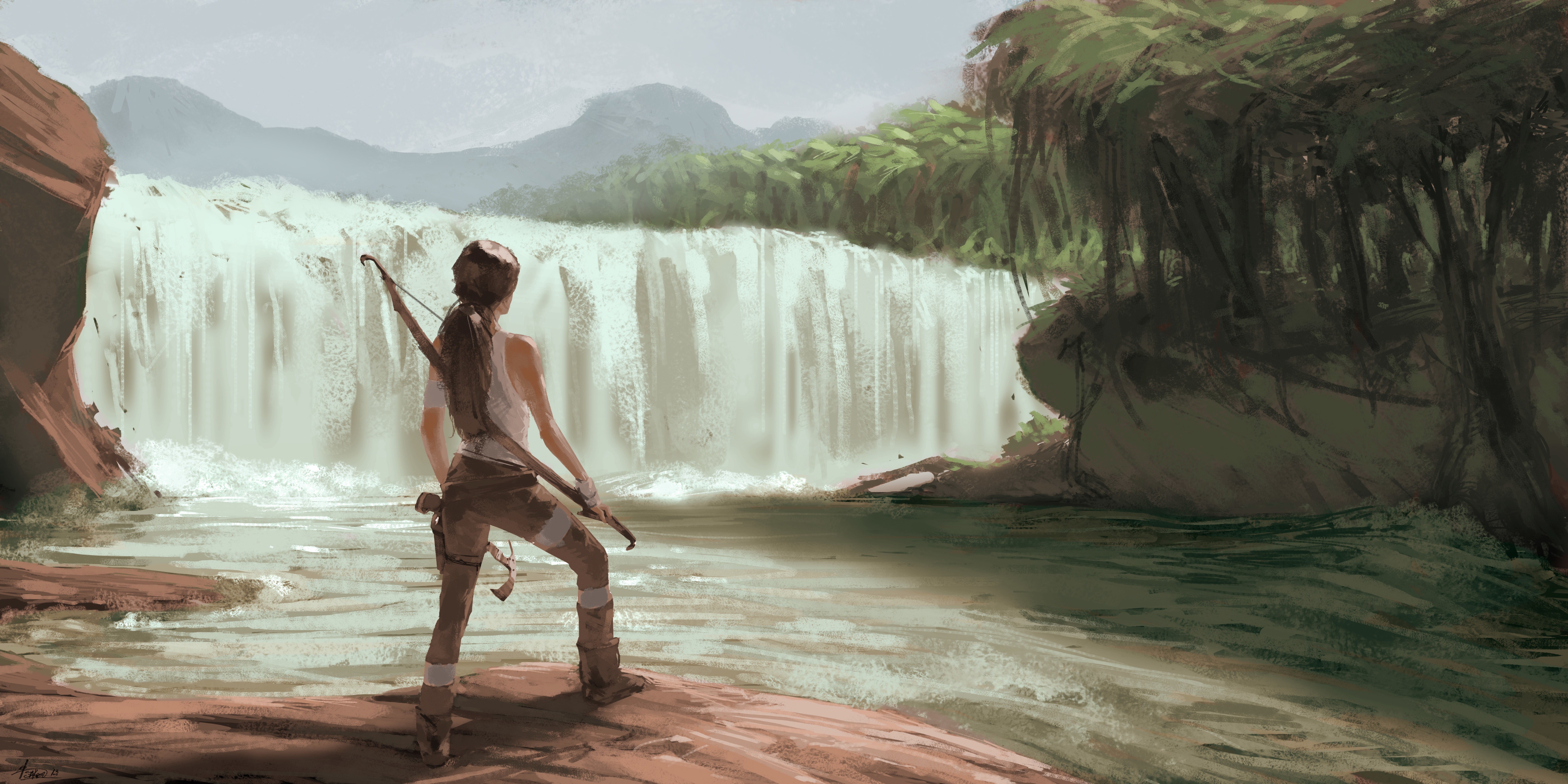 Lara Croft from Tomb Raider at a Waterfall HD Wallpaper