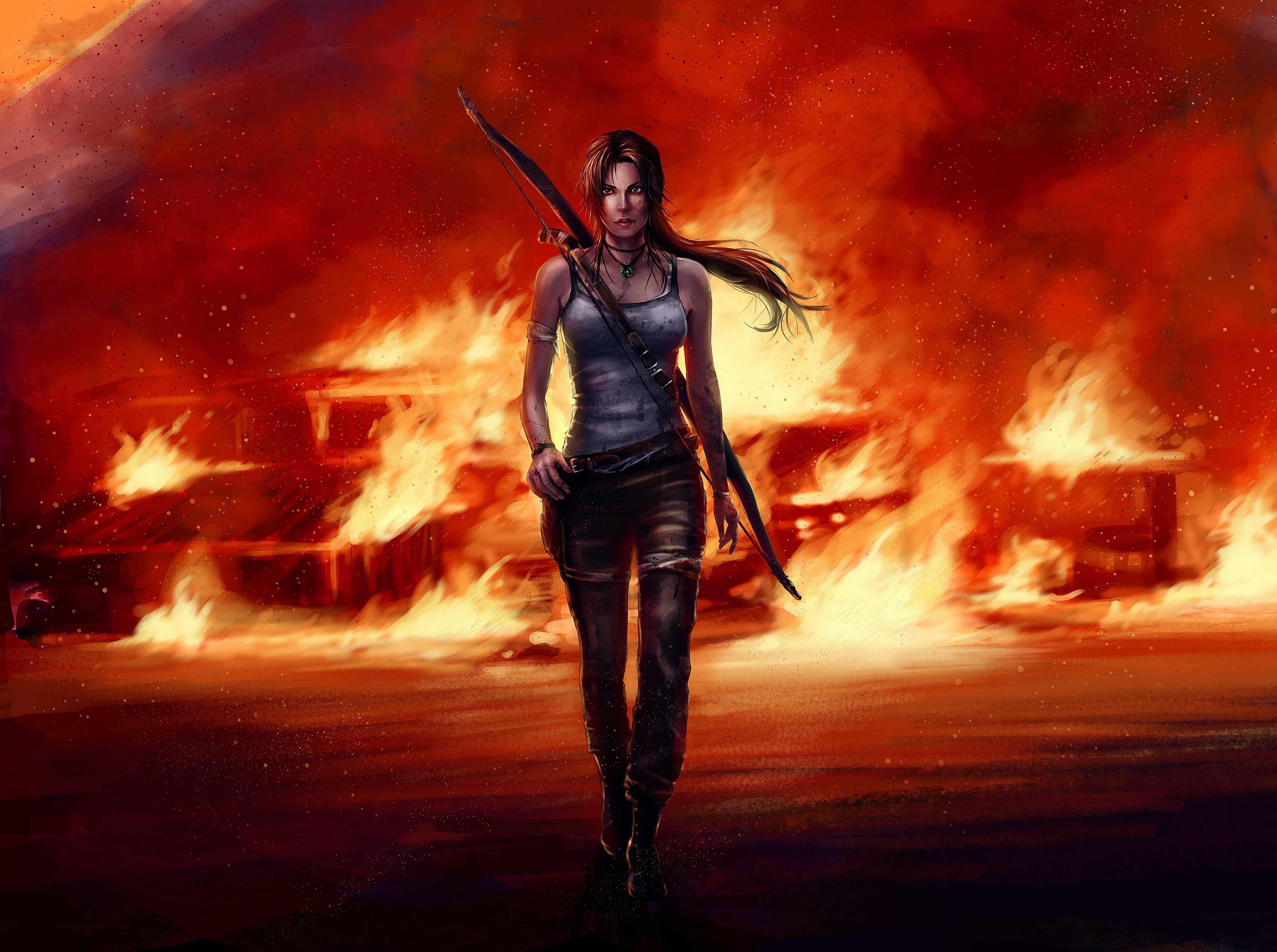 Lara Croft from Tomb Raider in front of a fire HD Wallpaper