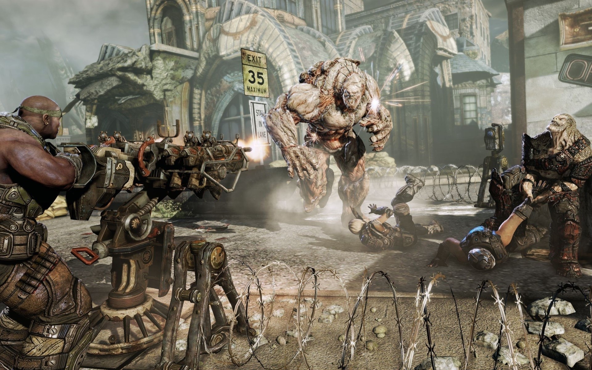 Gears of War battle with monster and soldiers HD Wallpaper