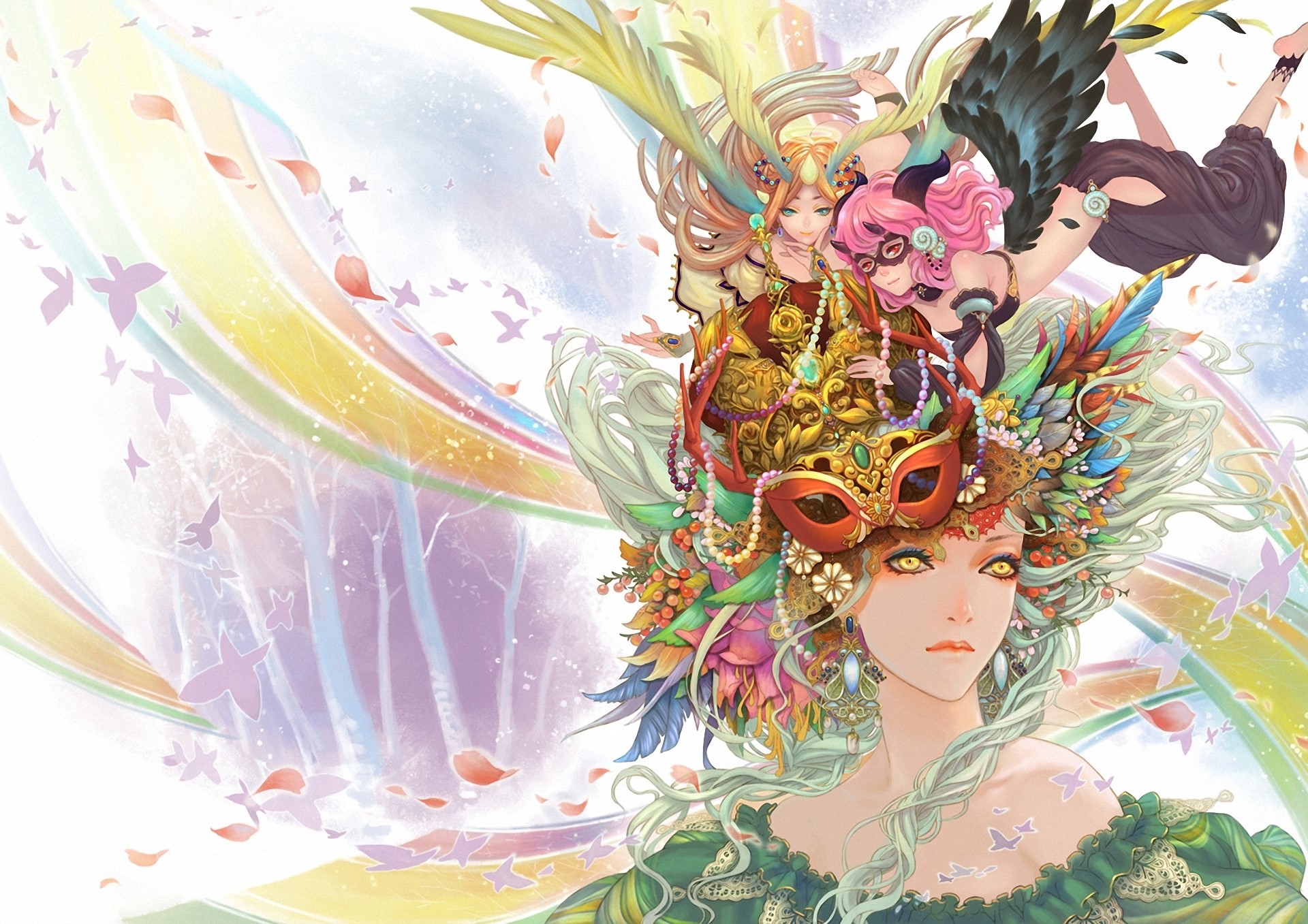 Fantasy women with elaborate masks and headdresses HD Wallpaper