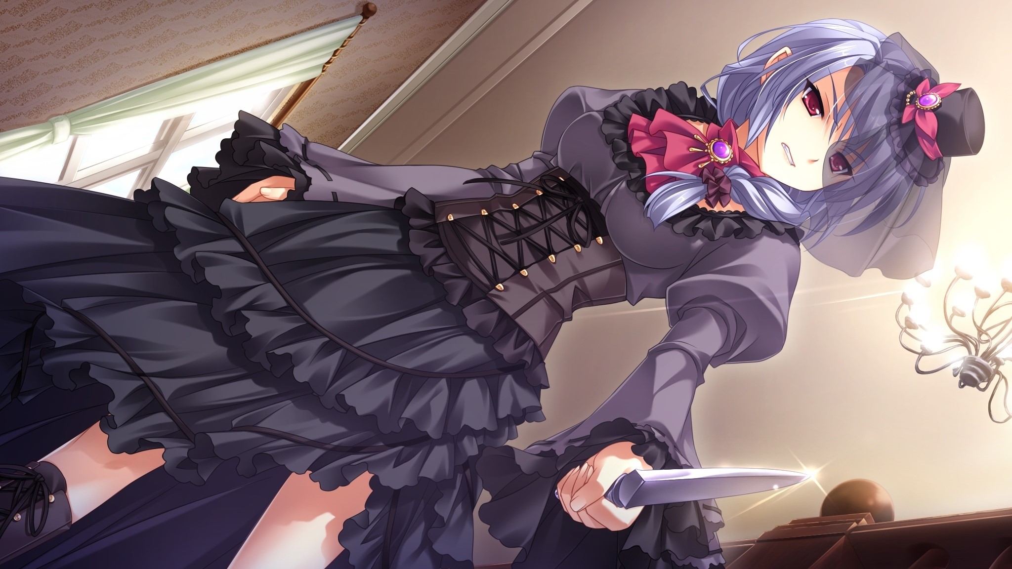 Girl in Gothic Dress Holding a Knife HD Wallpaper