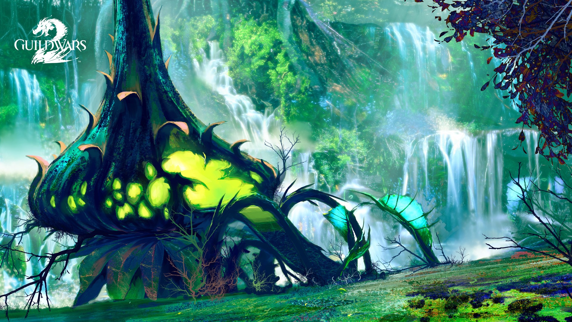 Guild Wars 2 fantasy landscape with waterfalls and glowing plants HD Wallpaper