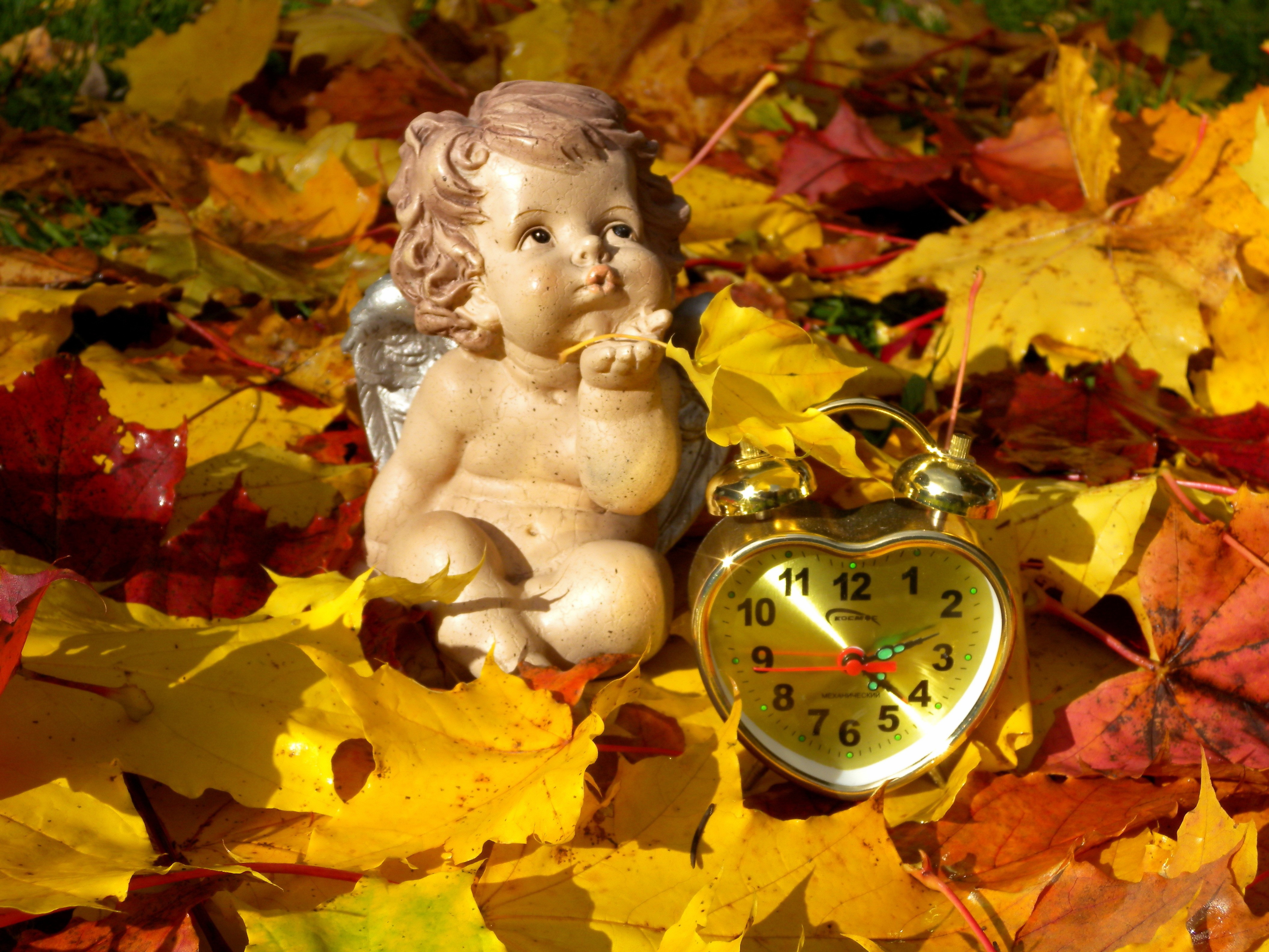 Angel figurine and heart clock in autumn leaves HD Wallpaper