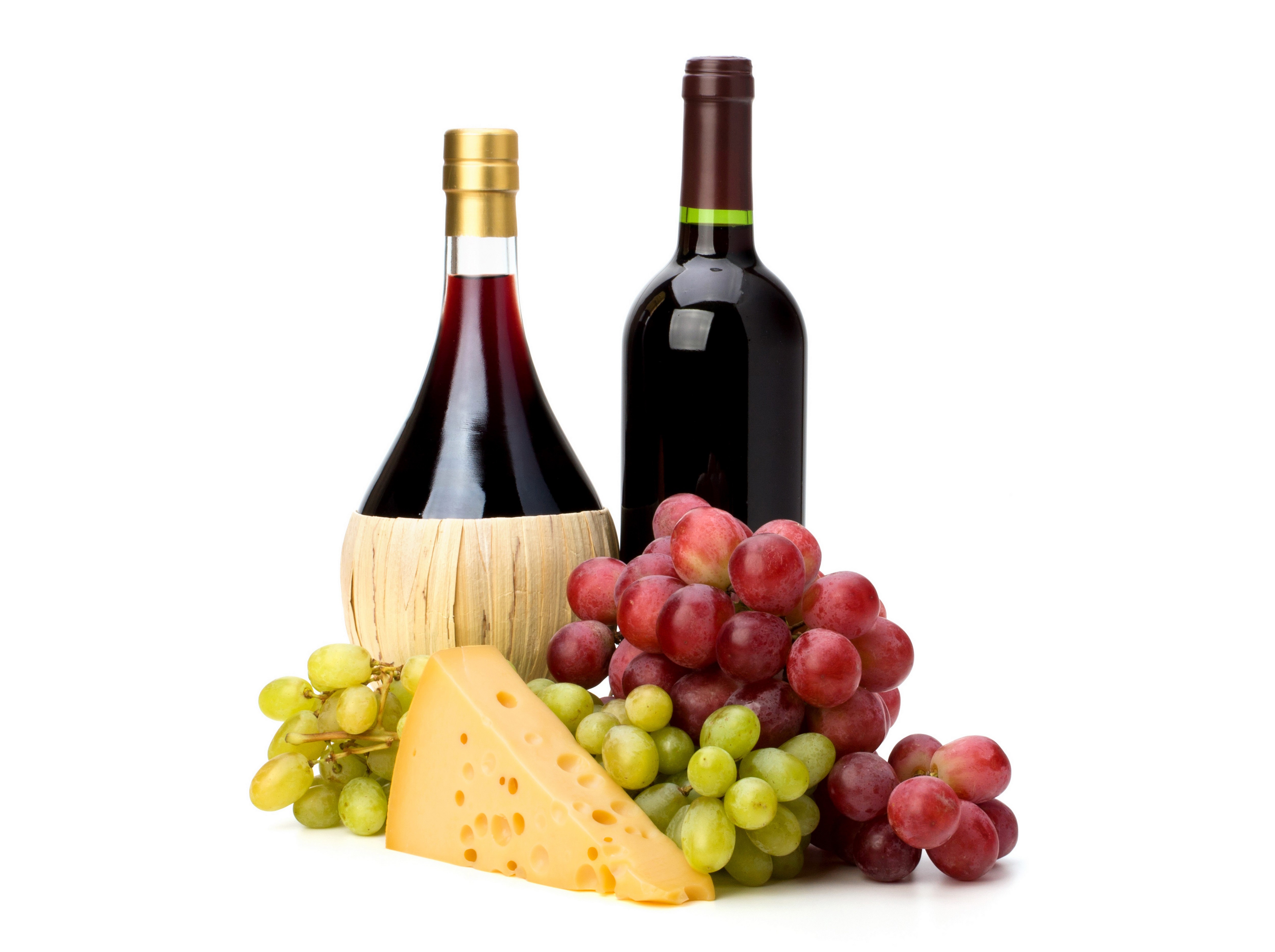 Wine bottles with grapes and cheese HD Wallpaper