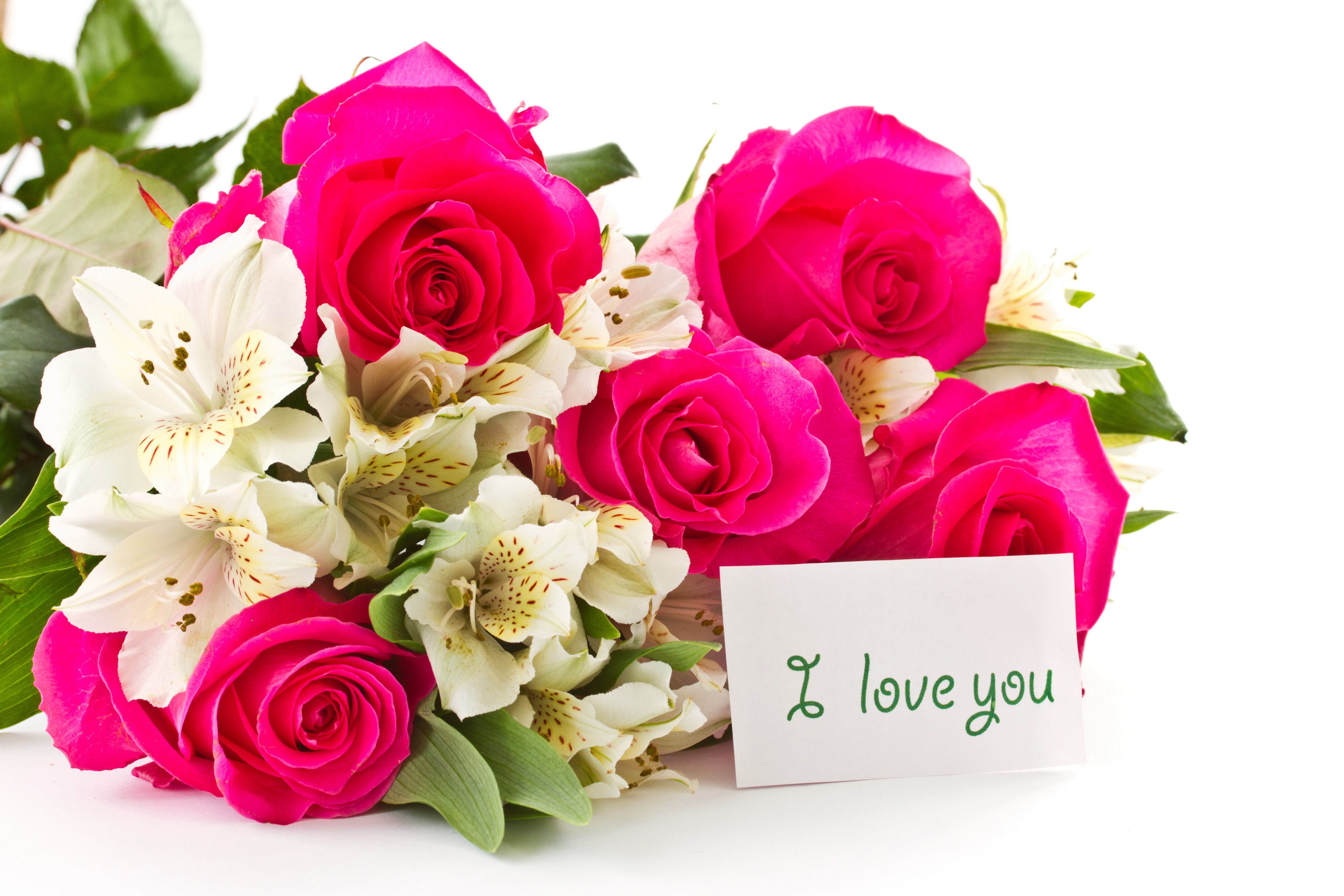 Bouquet of pink roses and alstroemeria with a card HD Wallpaper