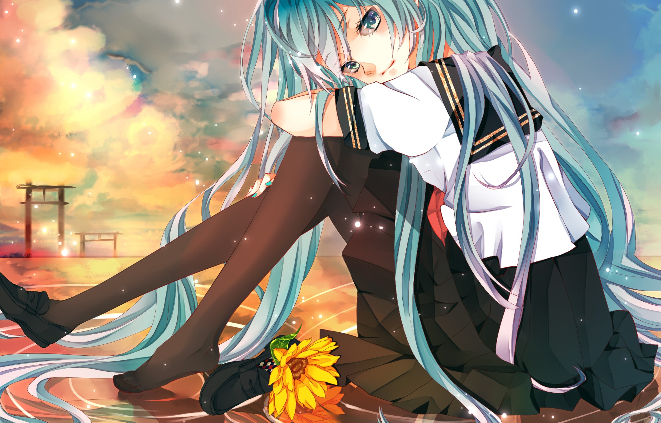 Hatsune Miku sitting with a sunflower HD Wallpaper