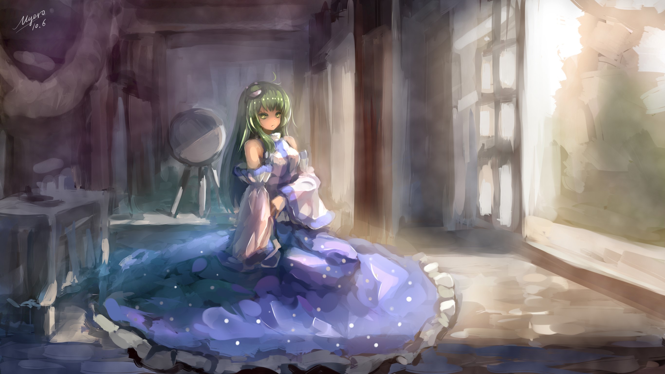 Kochiya Sanae in a blue dress HD Wallpaper
