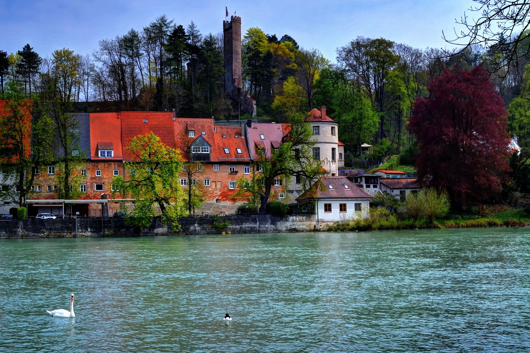Landsberg, Germany: Riverfront Buildings and Castle Tower HD Wallpaper