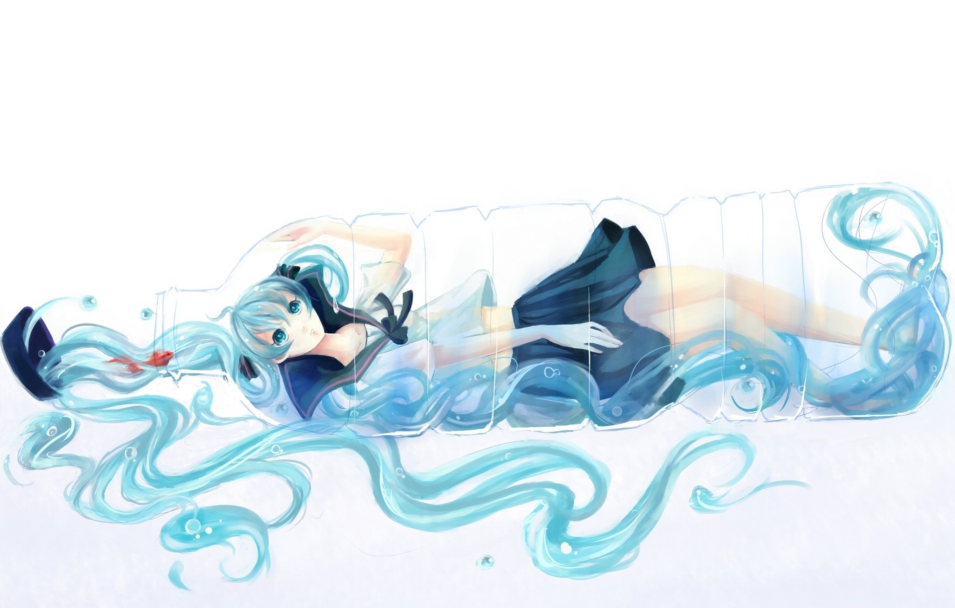 Hatsune Miku in a bottle with water and a goldfish HD Wallpaper