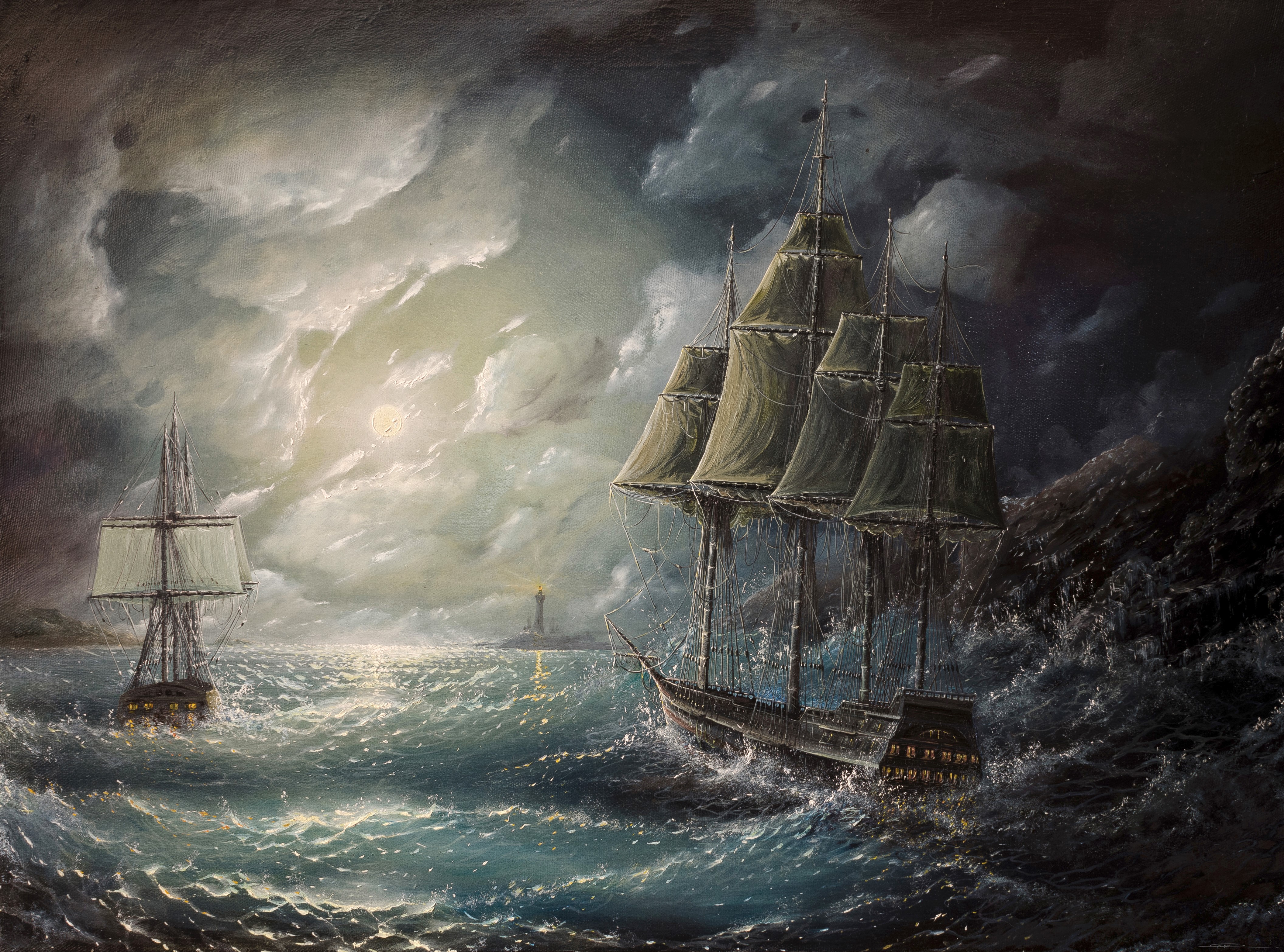 Painting of Ships Sailing in a Stormy Sea HD Wallpaper