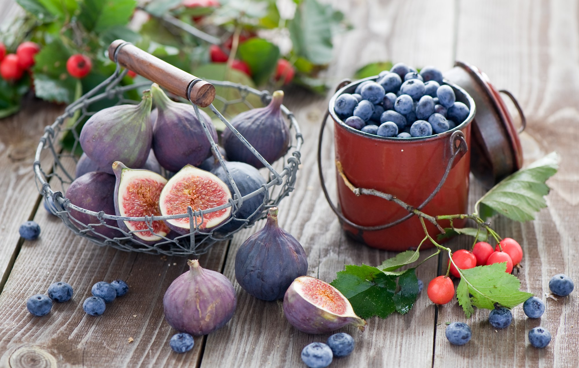 Basket of figs and blueberries with red berries HD Wallpaper