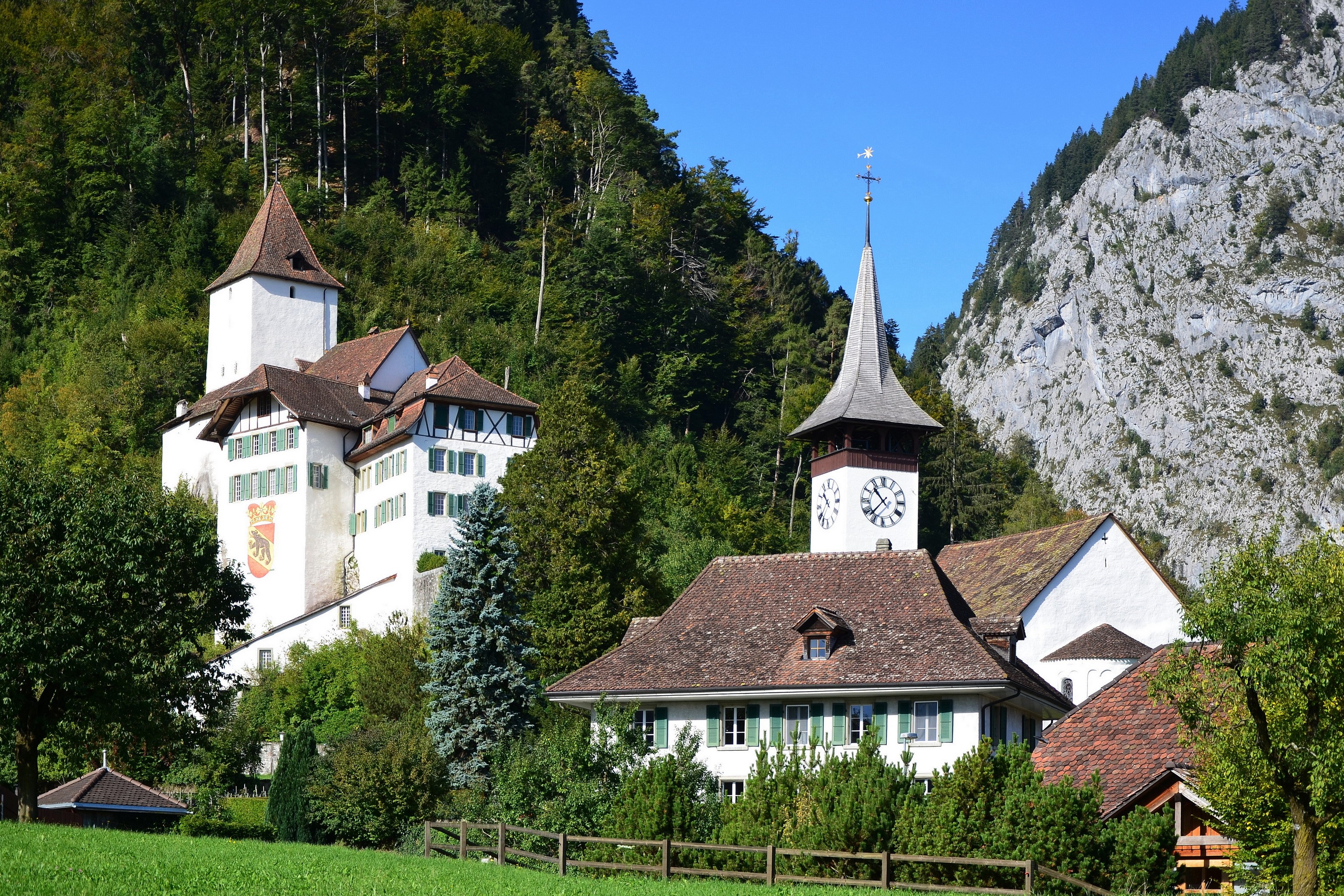 Medieval castle and church in Switzerland HD Wallpaper