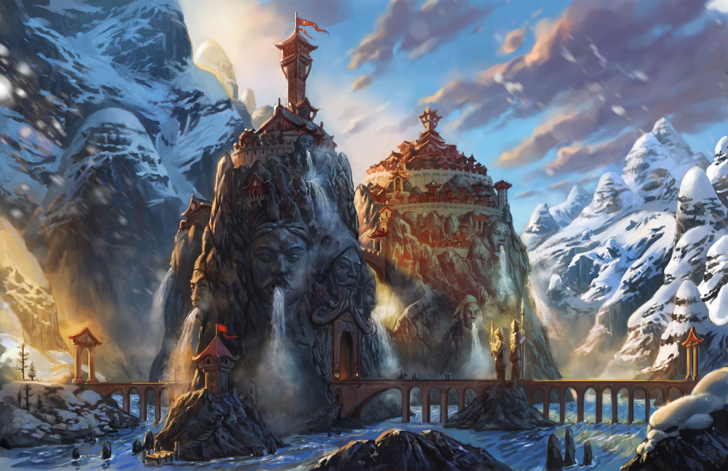 Fantasy mountain city with waterfalls and bridges HD Wallpaper