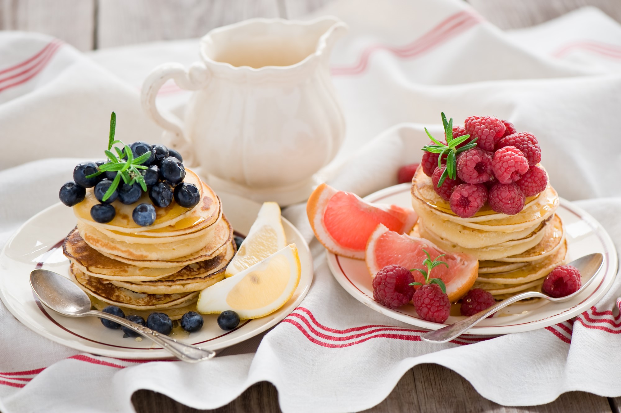 Pancakes with blueberries, raspberries, grapefruit, and lemon HD Wallpaper