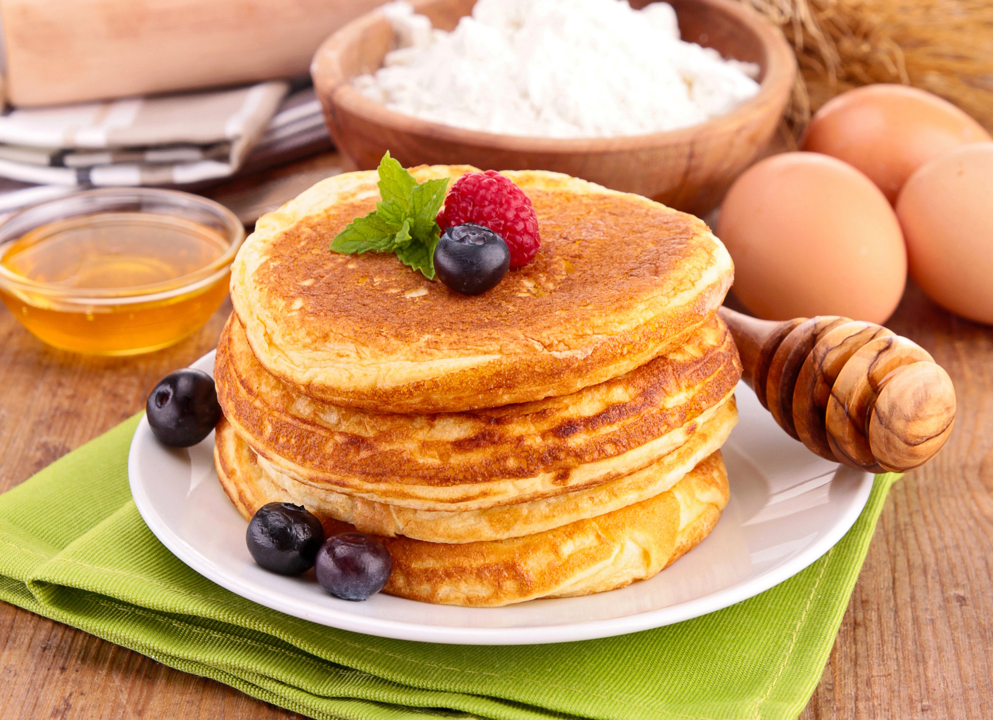 Stack of Pancakes with Berries and Honey HD Wallpaper