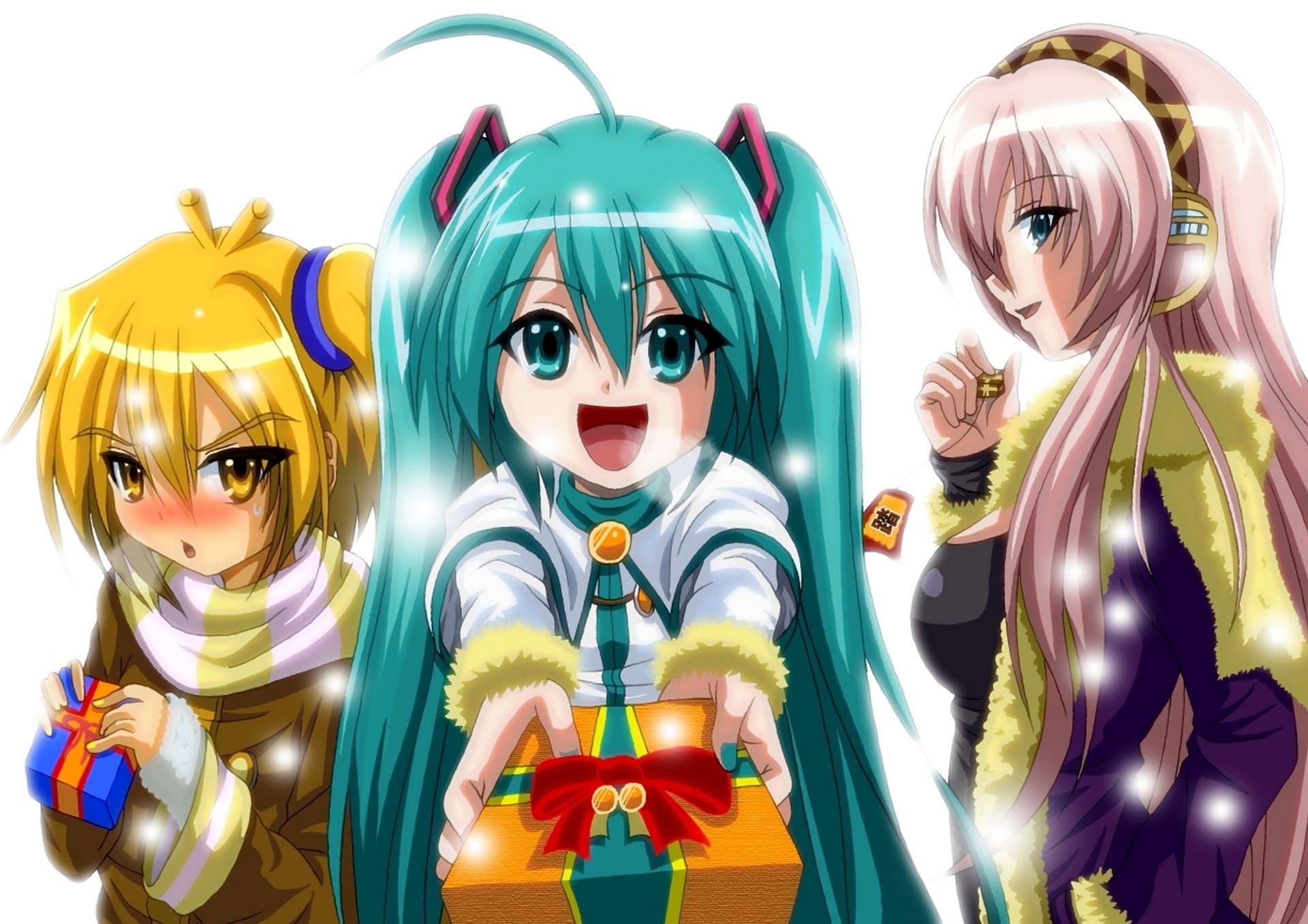 Hatsune Miku and friends with gifts HD Wallpaper
