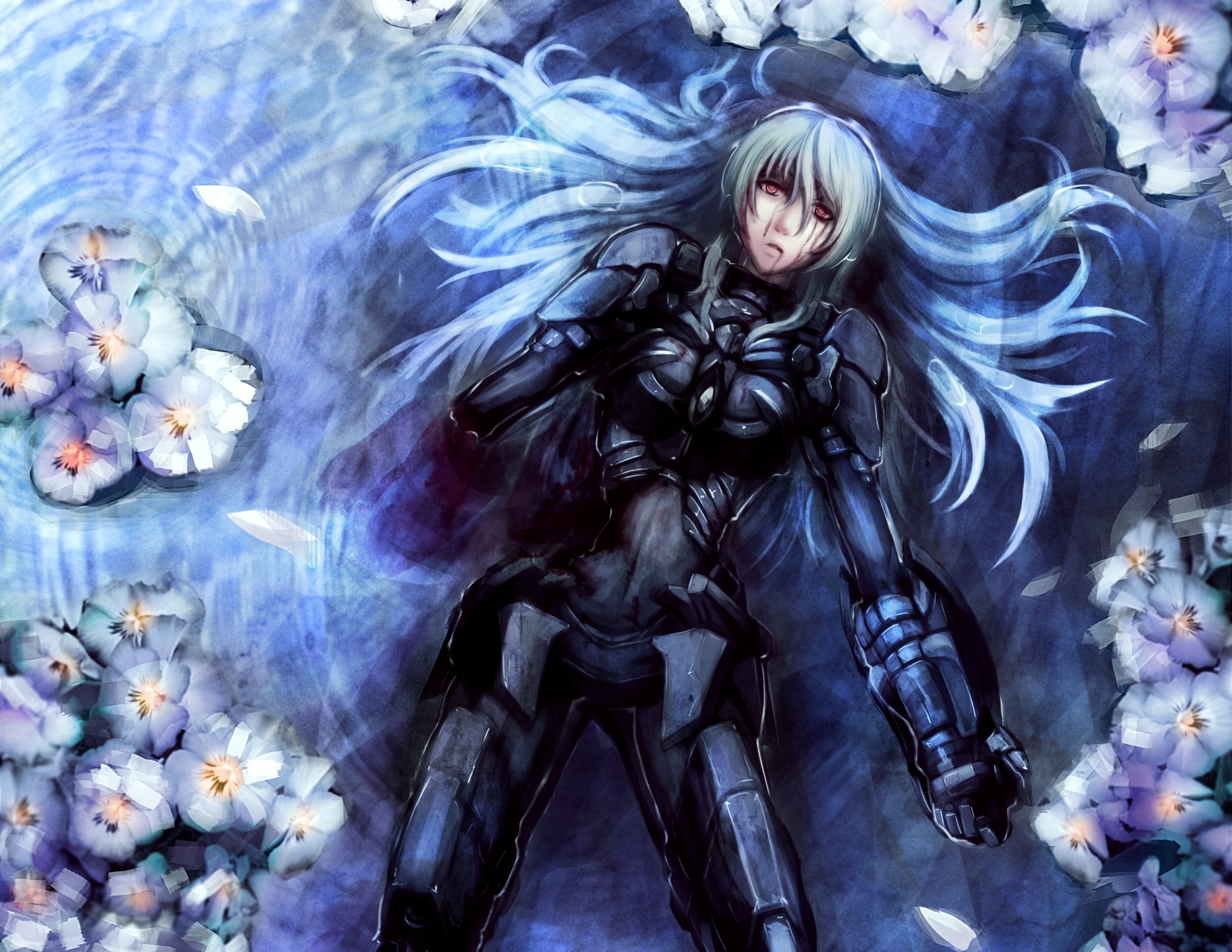 Woman in futuristic armor lying in water with flowers HD Wallpaper