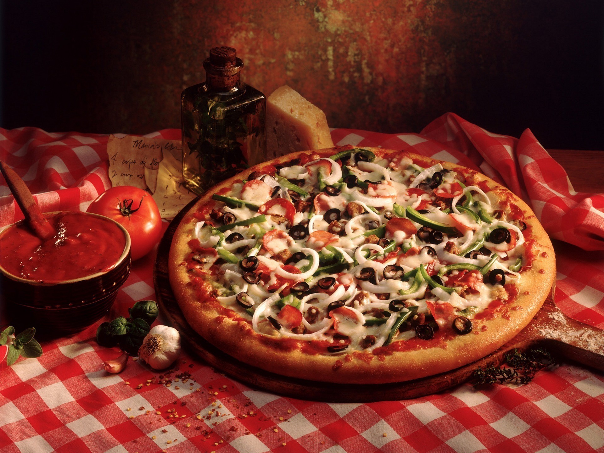 Pizza with toppings and ingredients HD Wallpaper