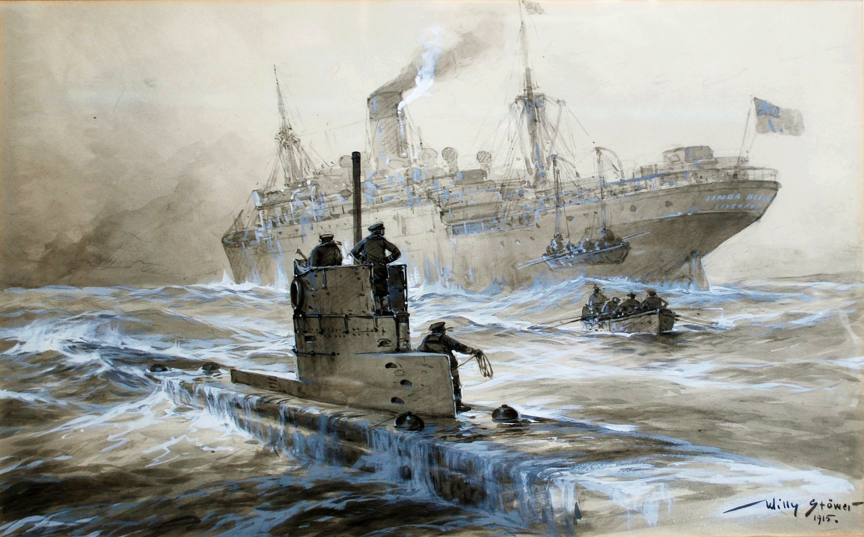 Painting of a submarine and a ship in rough seas HD Wallpaper