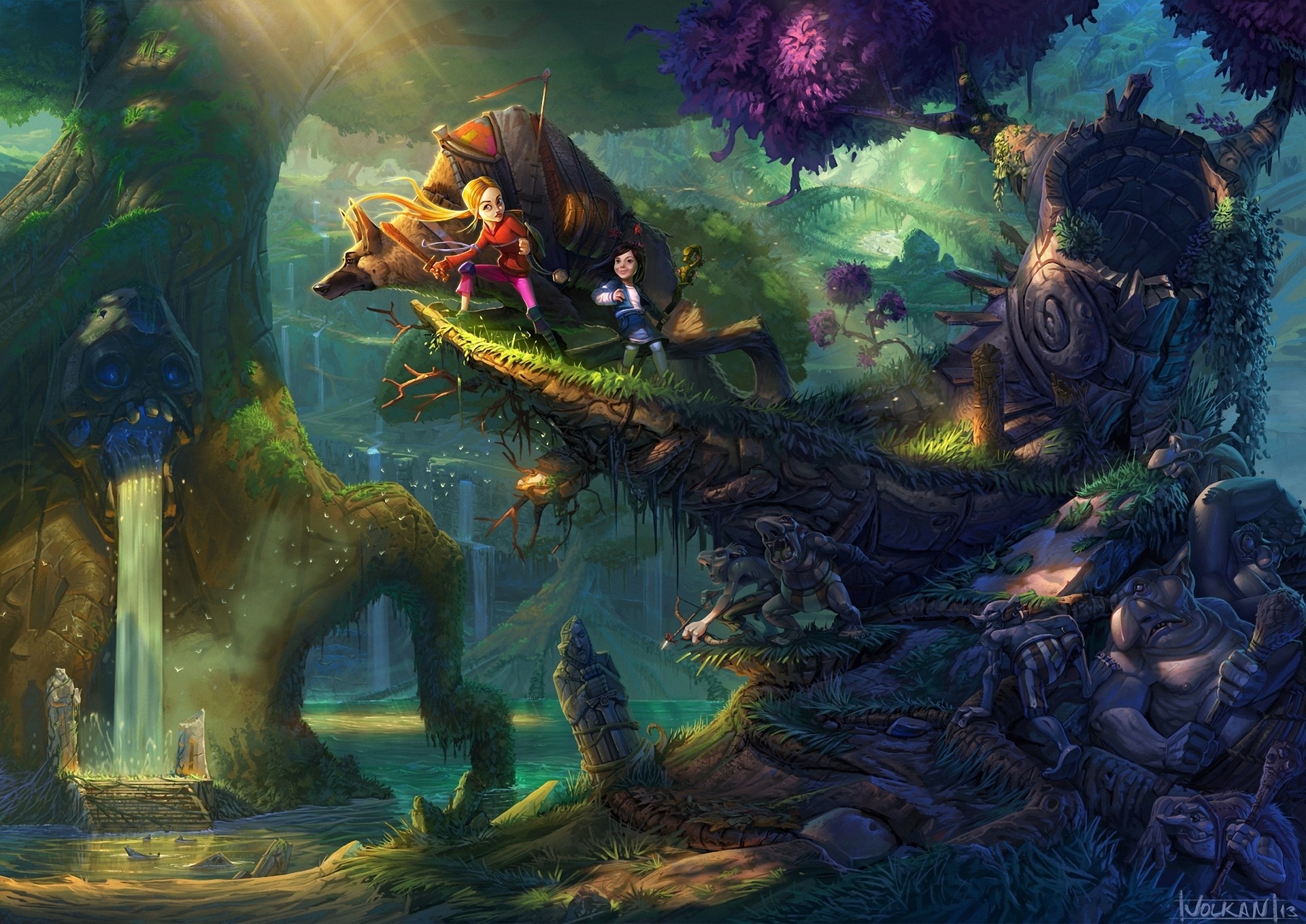 Two children on a wolf-like creature in a fantasy forest HD Wallpaper