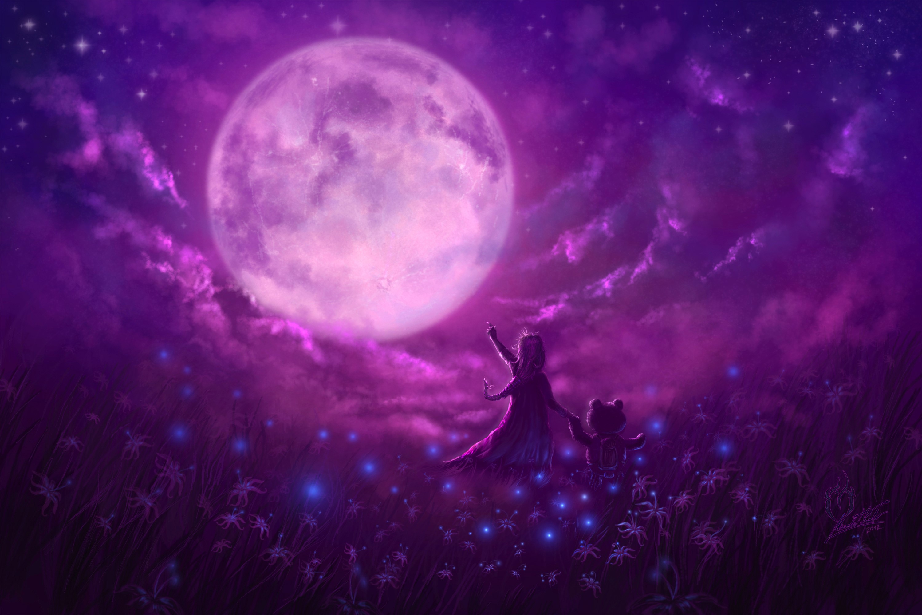 Girl and teddy bear under a large moon HD Wallpaper