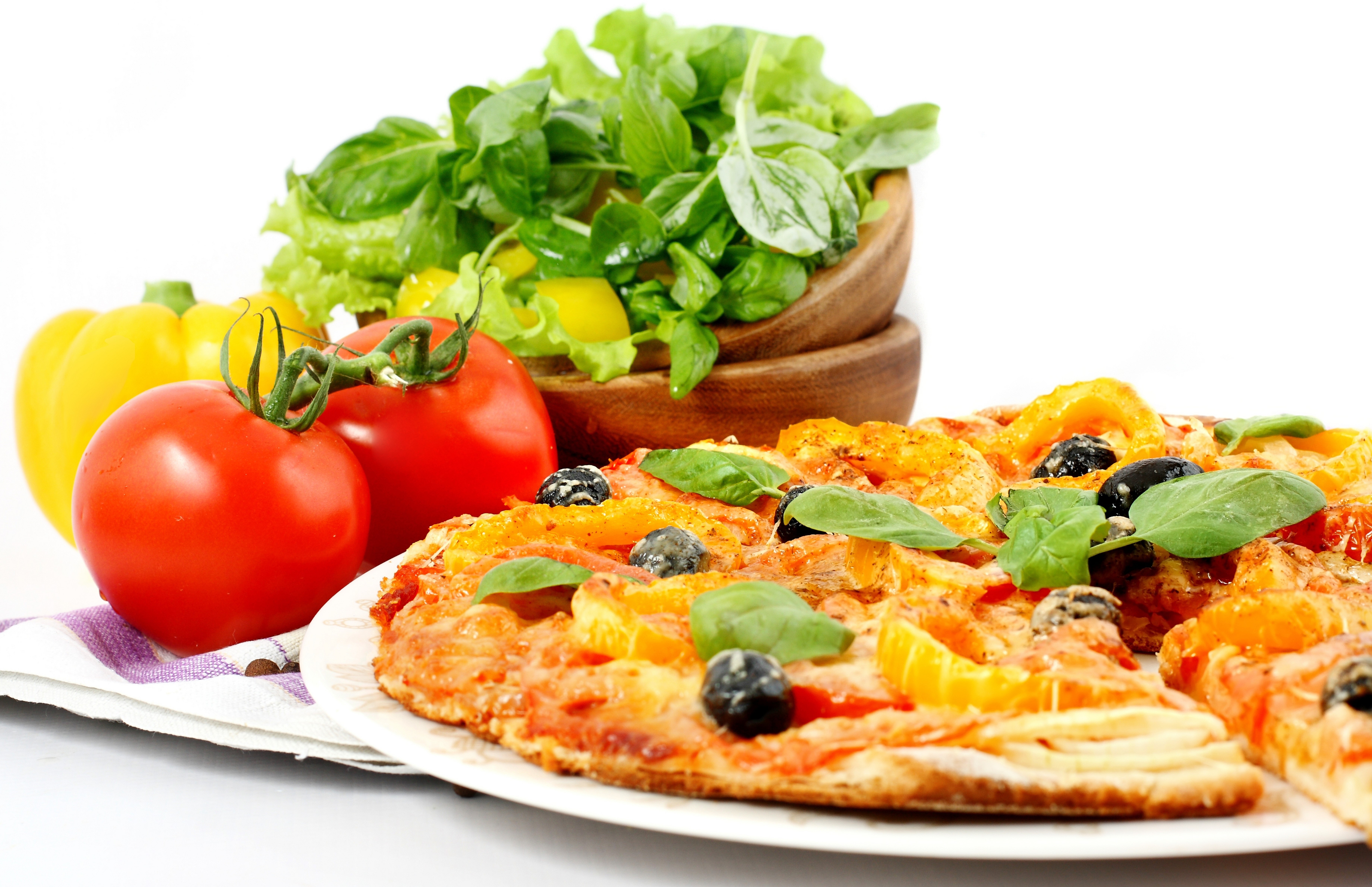 Pizza with Tomatoes, Basil, and Salad HD Wallpaper
