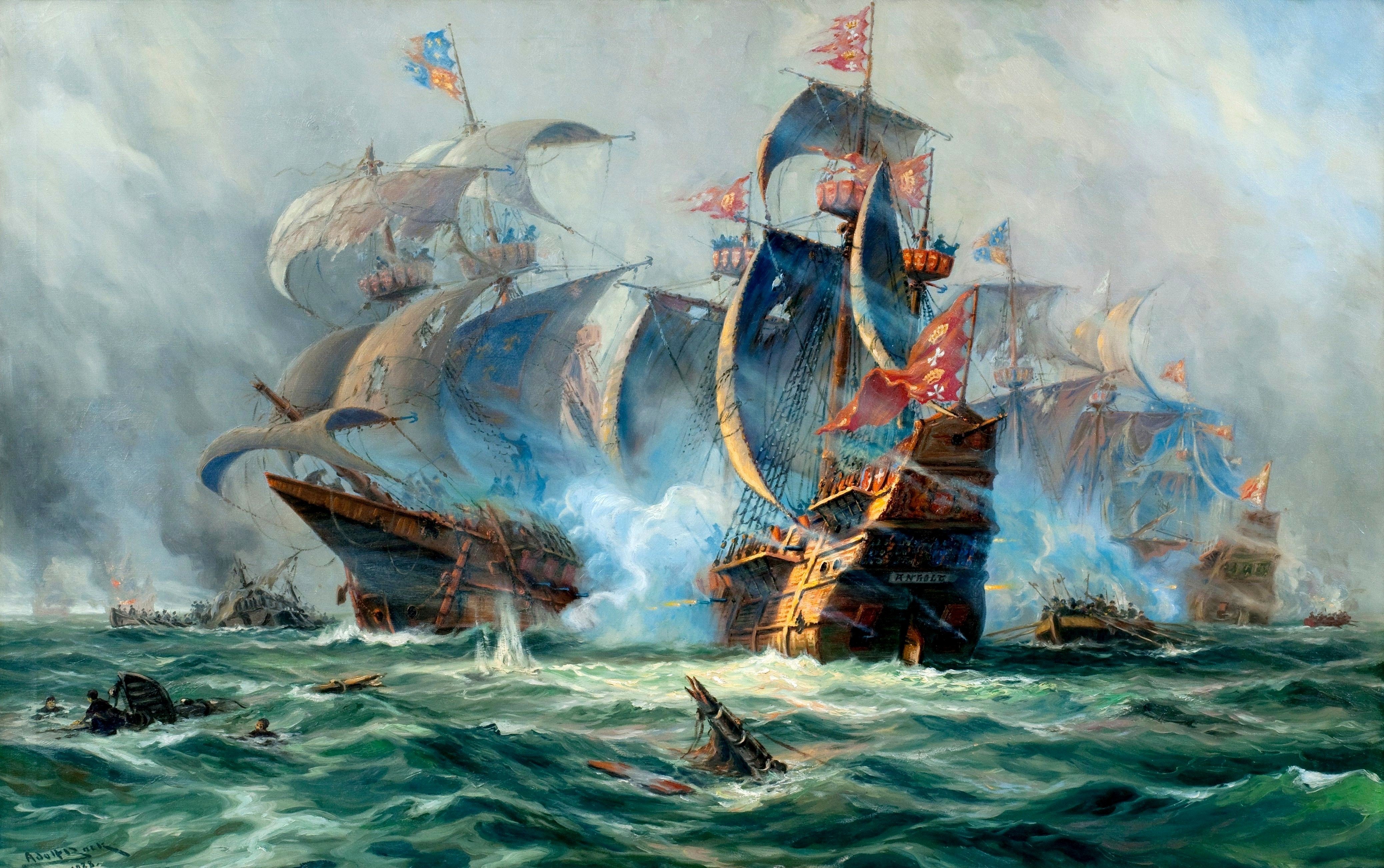 Naval Battle Painting with Sailing Ships HD Wallpaper