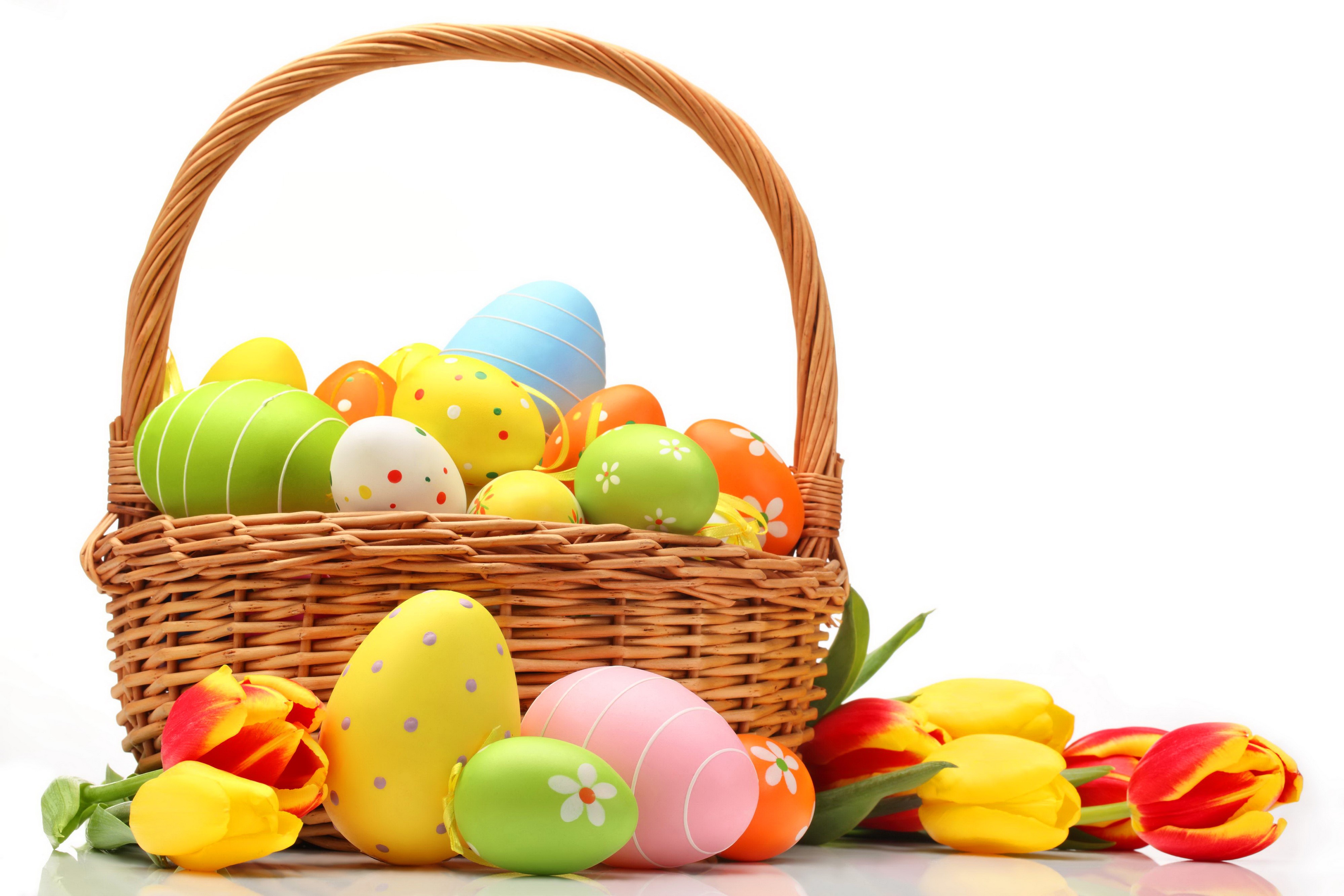 Easter eggs in a wicker basket with tulips HD Wallpaper